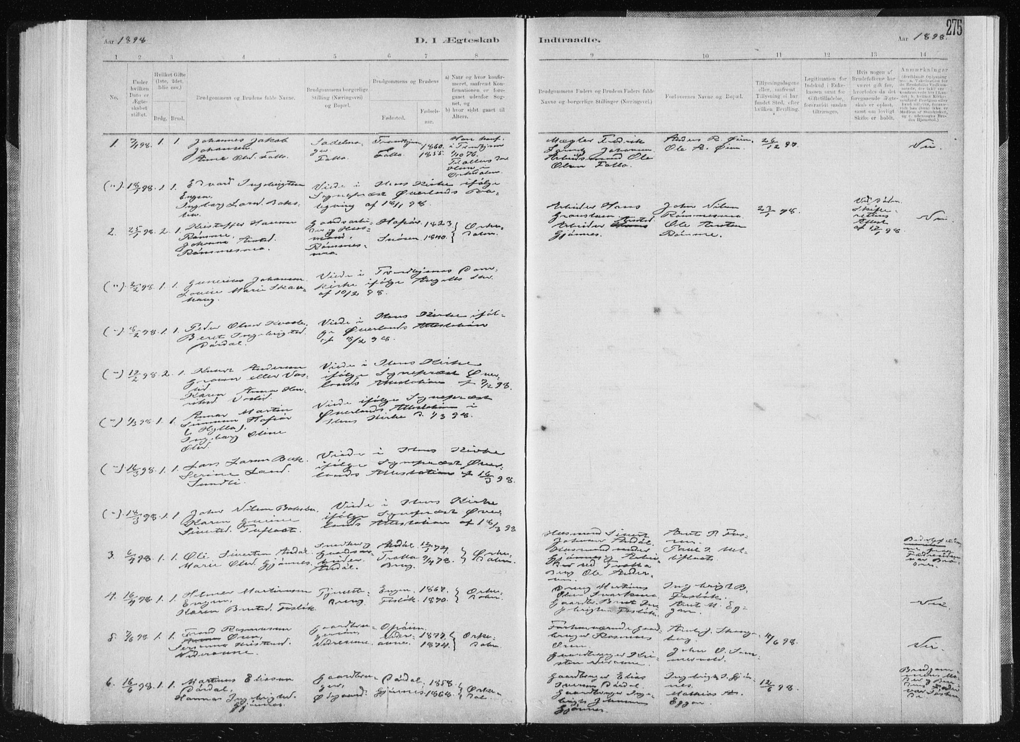 Ministerialprotokoller, klokkerbøker og fødselsregistre - Sør-Trøndelag, SAT/A-1456/668/L0818: Parish register (copy) no. 668C07, 1885-1898, p. 275
