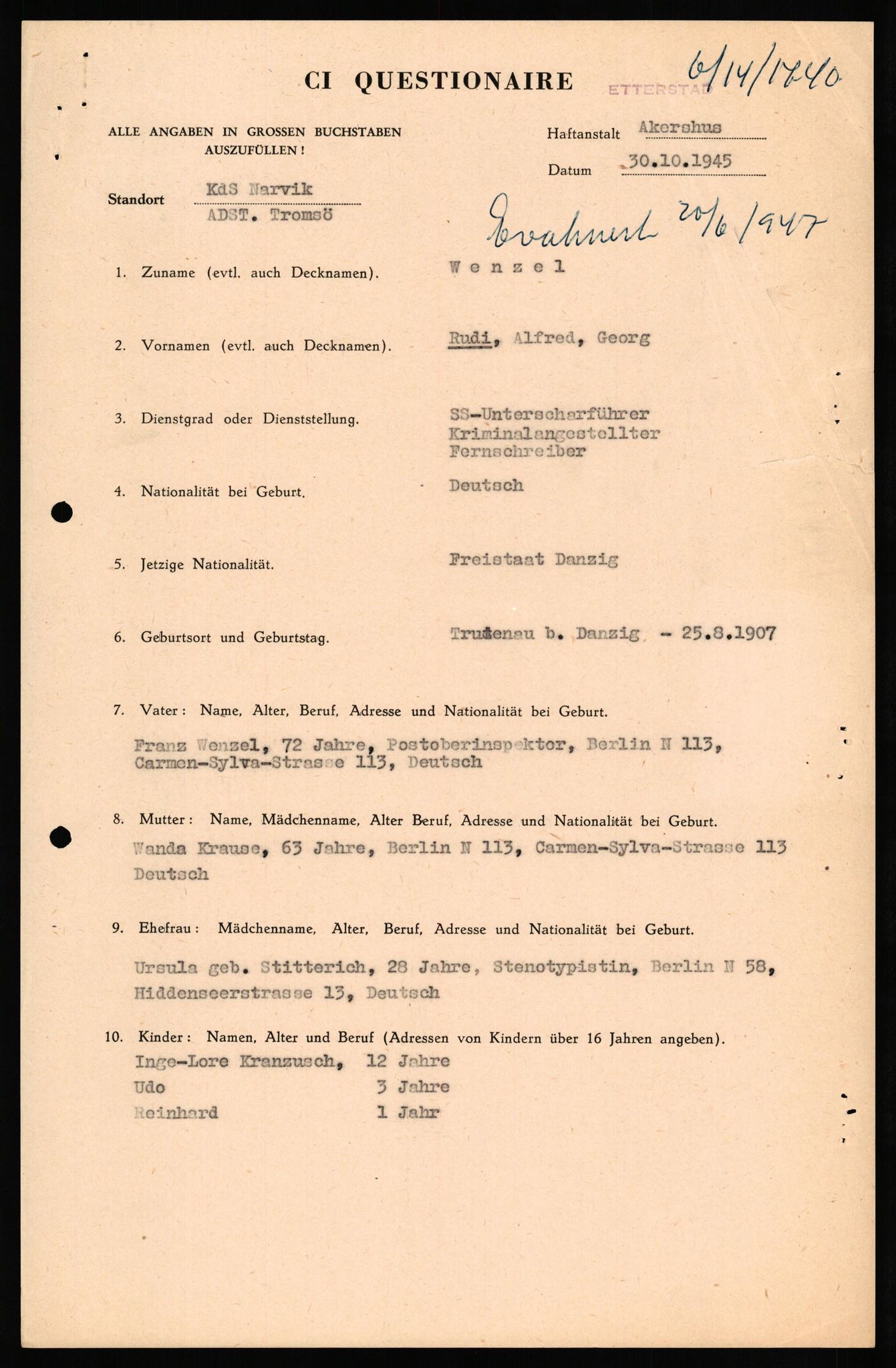 Forsvaret, Forsvarets overkommando II, RA/RAFA-3915/D/Db/L0035: CI Questionaires. Tyske okkupasjonsstyrker i Norge. Tyskere., 1945-1946, p. 360