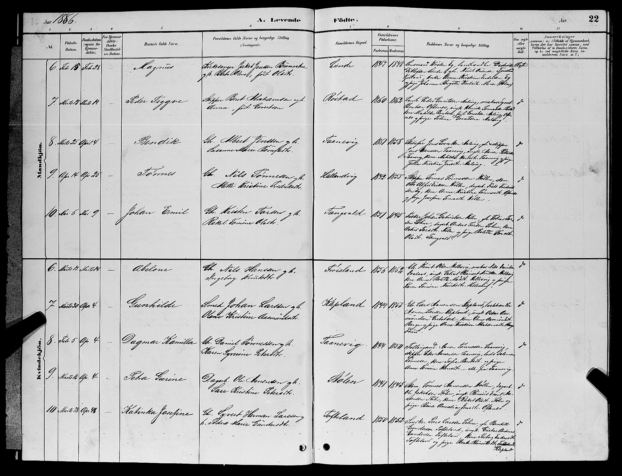 Søgne sokneprestkontor, AV/SAK-1111-0037/F/Fb/Fbb/L0005: Parish register (copy) no. B 5, 1884-1891, p. 22