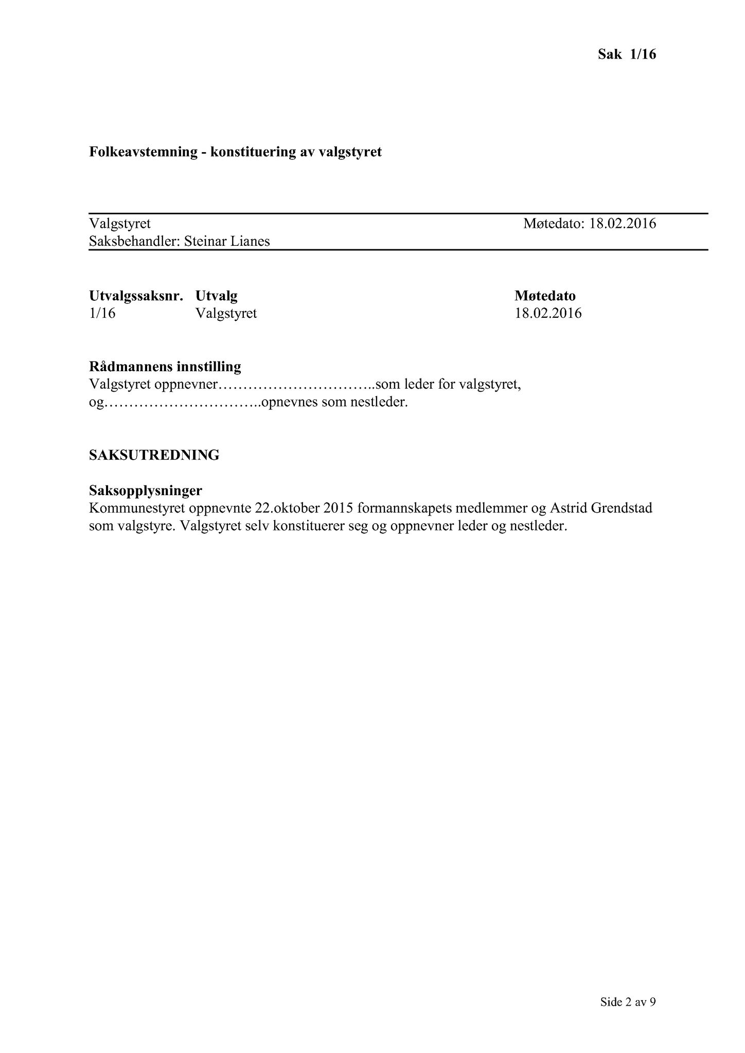 Klæbu Kommune, TRKO/KK/10-VS/L002: Valgstyret - Møtedokumenter, 2016, p. 3