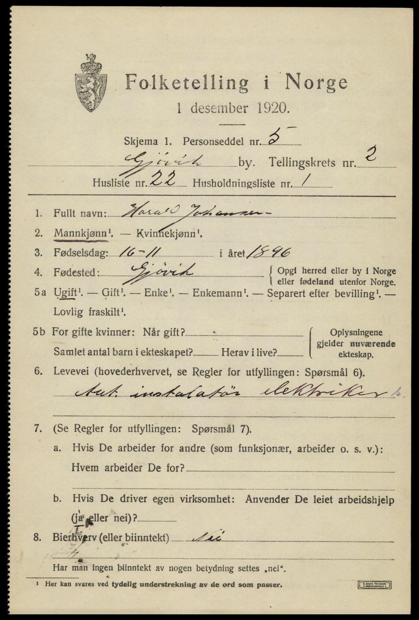 SAH, 1920 census for Gjøvik, 1920, p. 5104