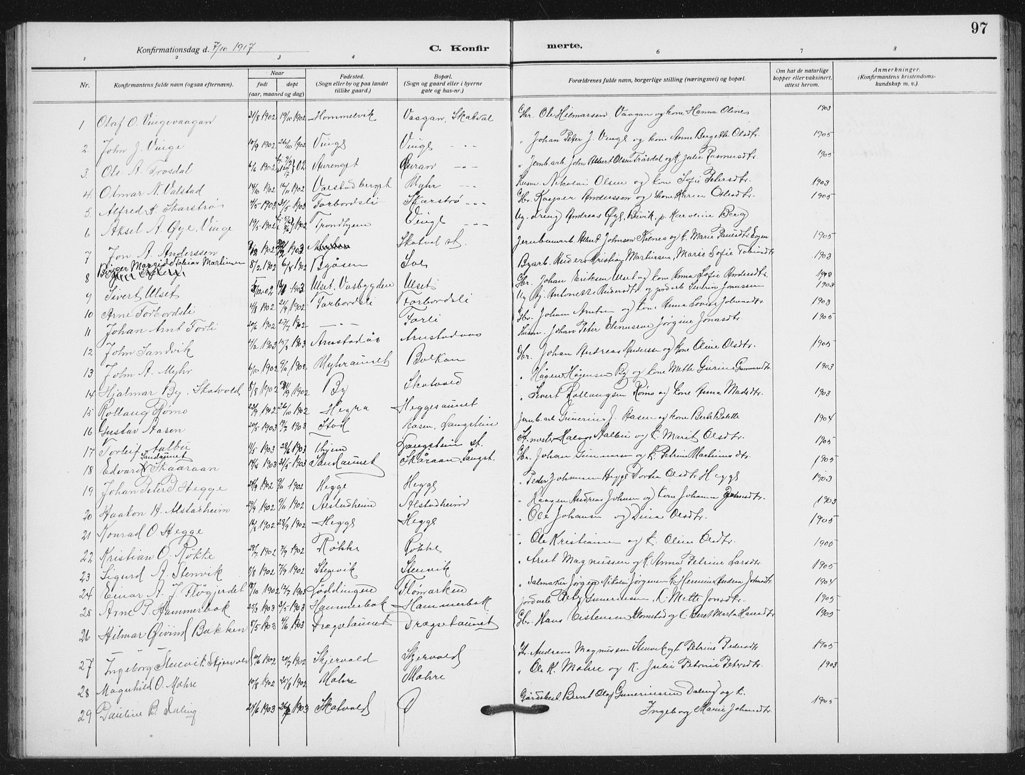 Ministerialprotokoller, klokkerbøker og fødselsregistre - Nord-Trøndelag, SAT/A-1458/712/L0104: Parish register (copy) no. 712C02, 1917-1939, p. 97