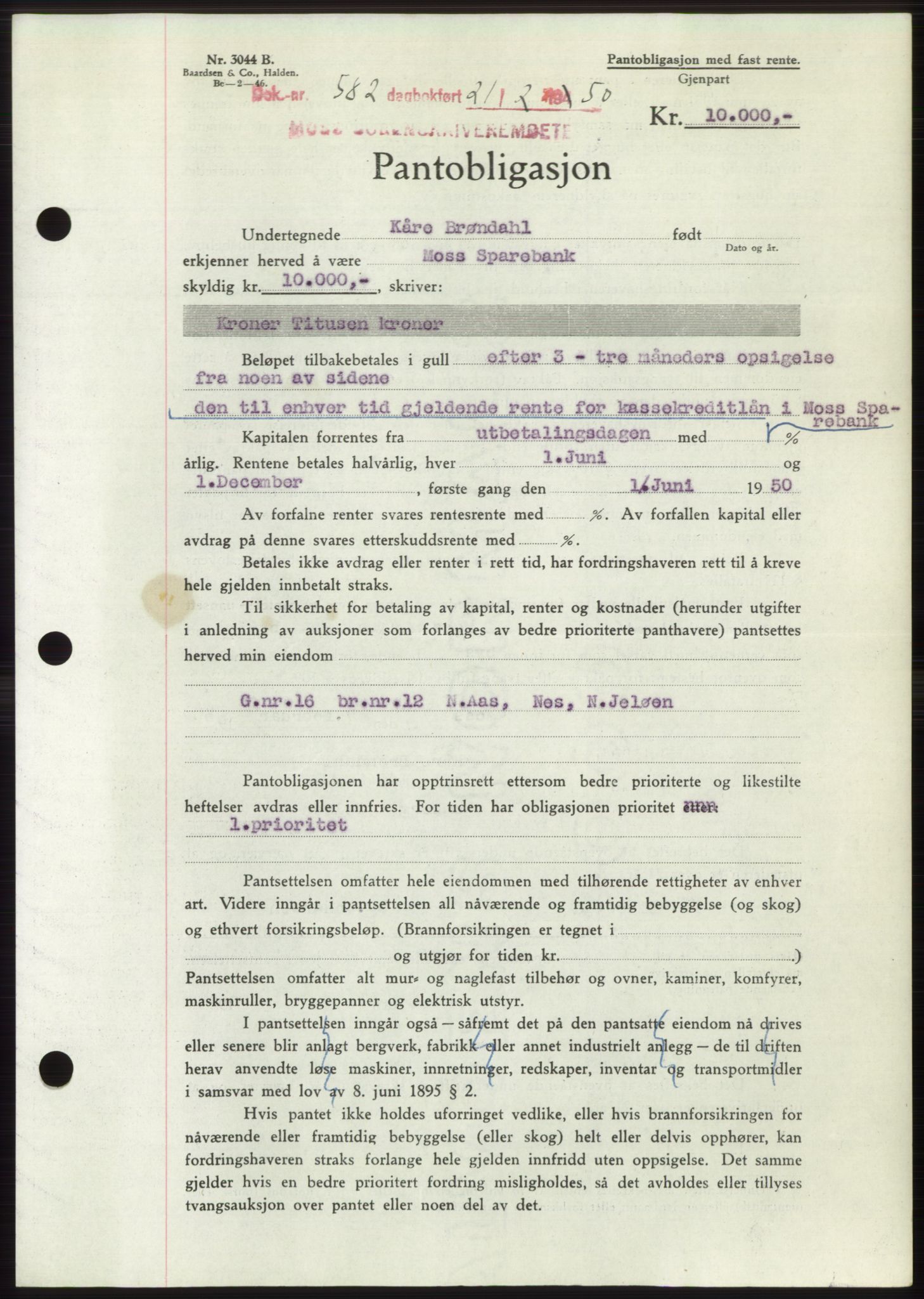 Moss sorenskriveri, SAO/A-10168: Mortgage book no. B23, 1949-1950, Diary no: : 582/1950