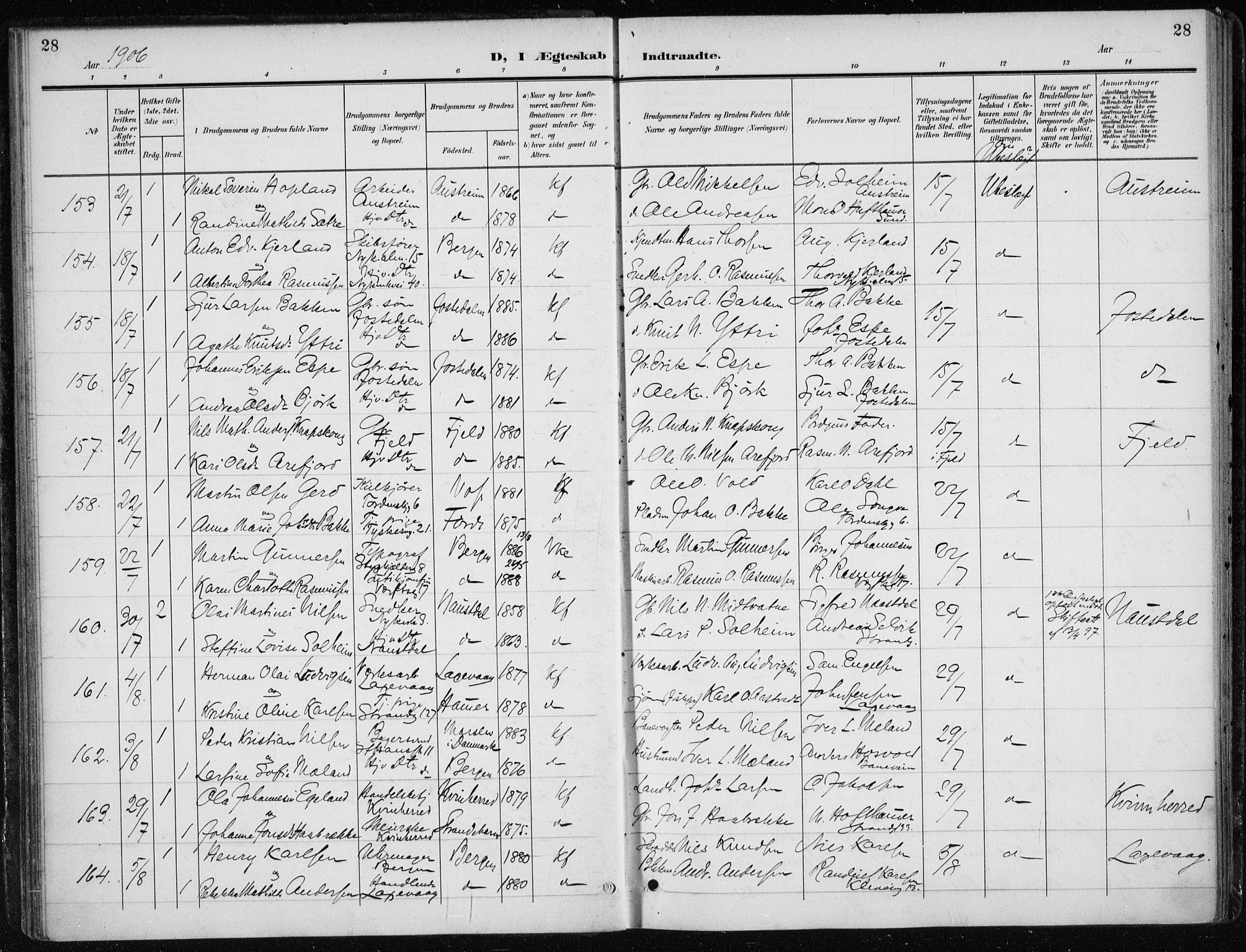 Nykirken Sokneprestembete, AV/SAB-A-77101/H/Haa/L0035: Parish register (official) no. D 5, 1905-1913, p. 28