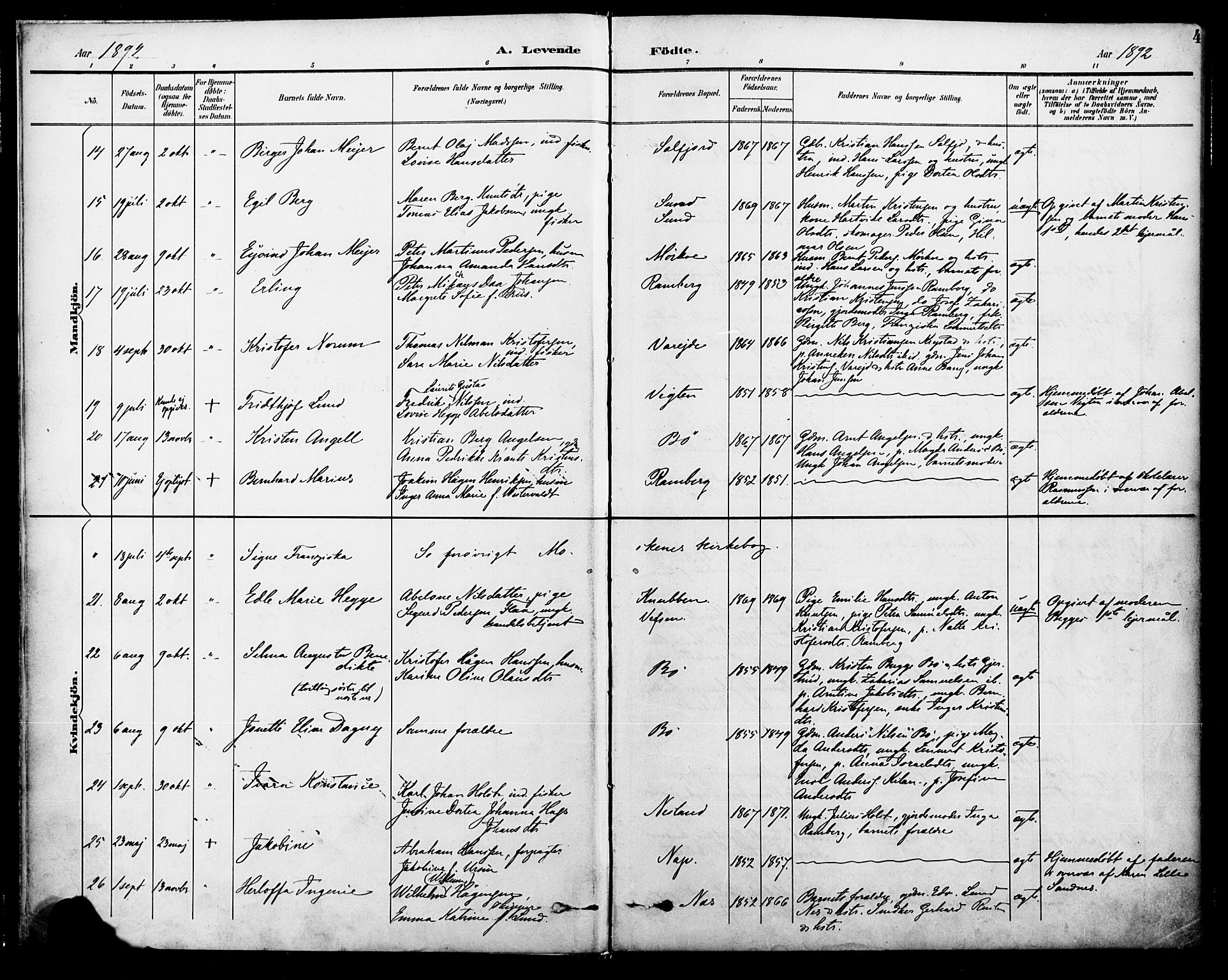 Ministerialprotokoller, klokkerbøker og fødselsregistre - Nordland, SAT/A-1459/885/L1205: Parish register (official) no. 885A06, 1892-1905, p. 4