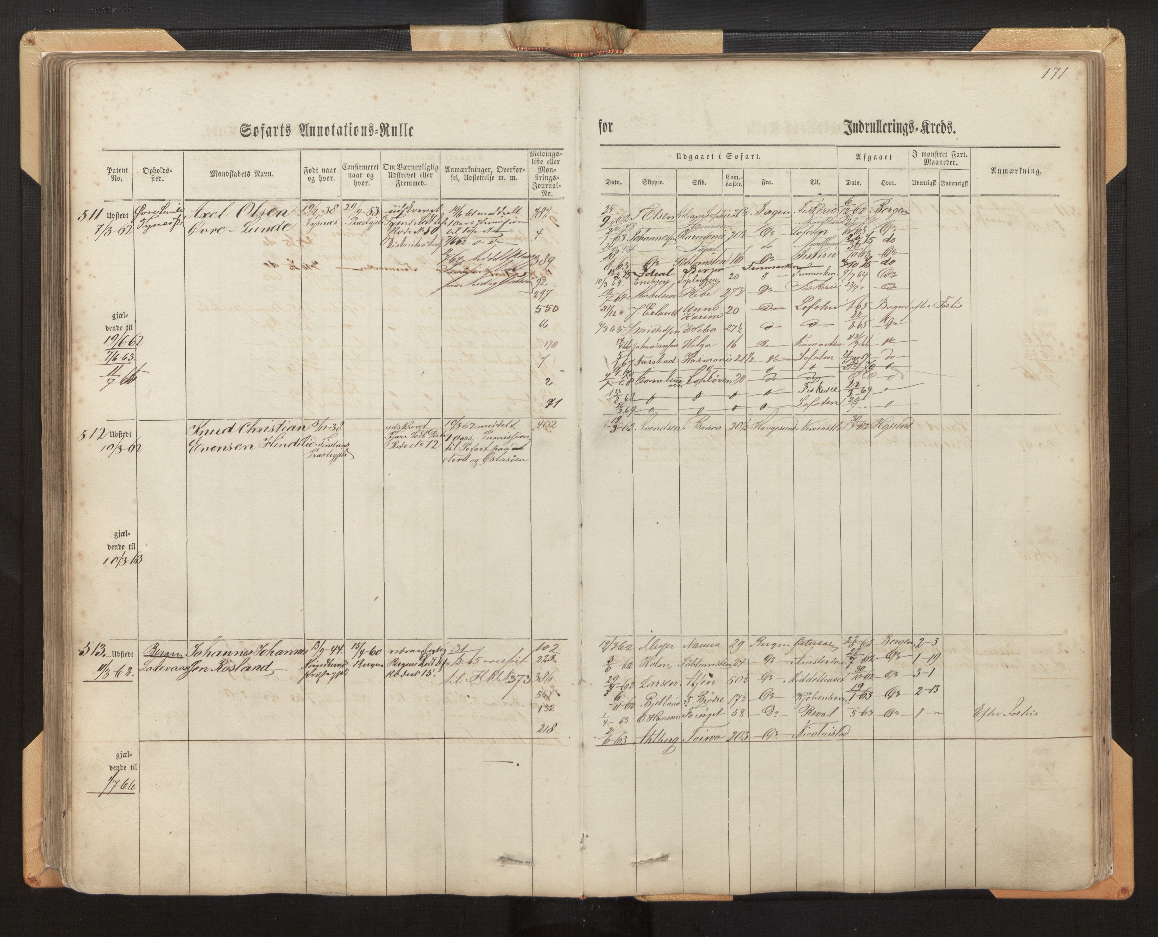 Innrulleringssjefen i Bergen, AV/SAB-A-100050/F/Fh/L0005: Sjøfarts- og annotasjonsrulle for Bergen krets, fol. 1 - 238, 1860-1867, p. 171