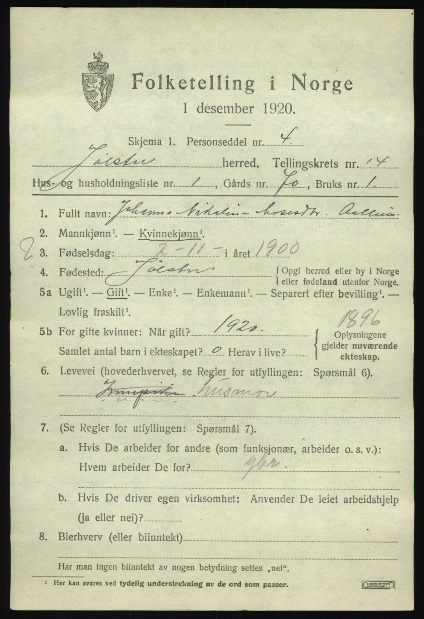 SAB, 1920 census for Jølster, 1920, p. 6460