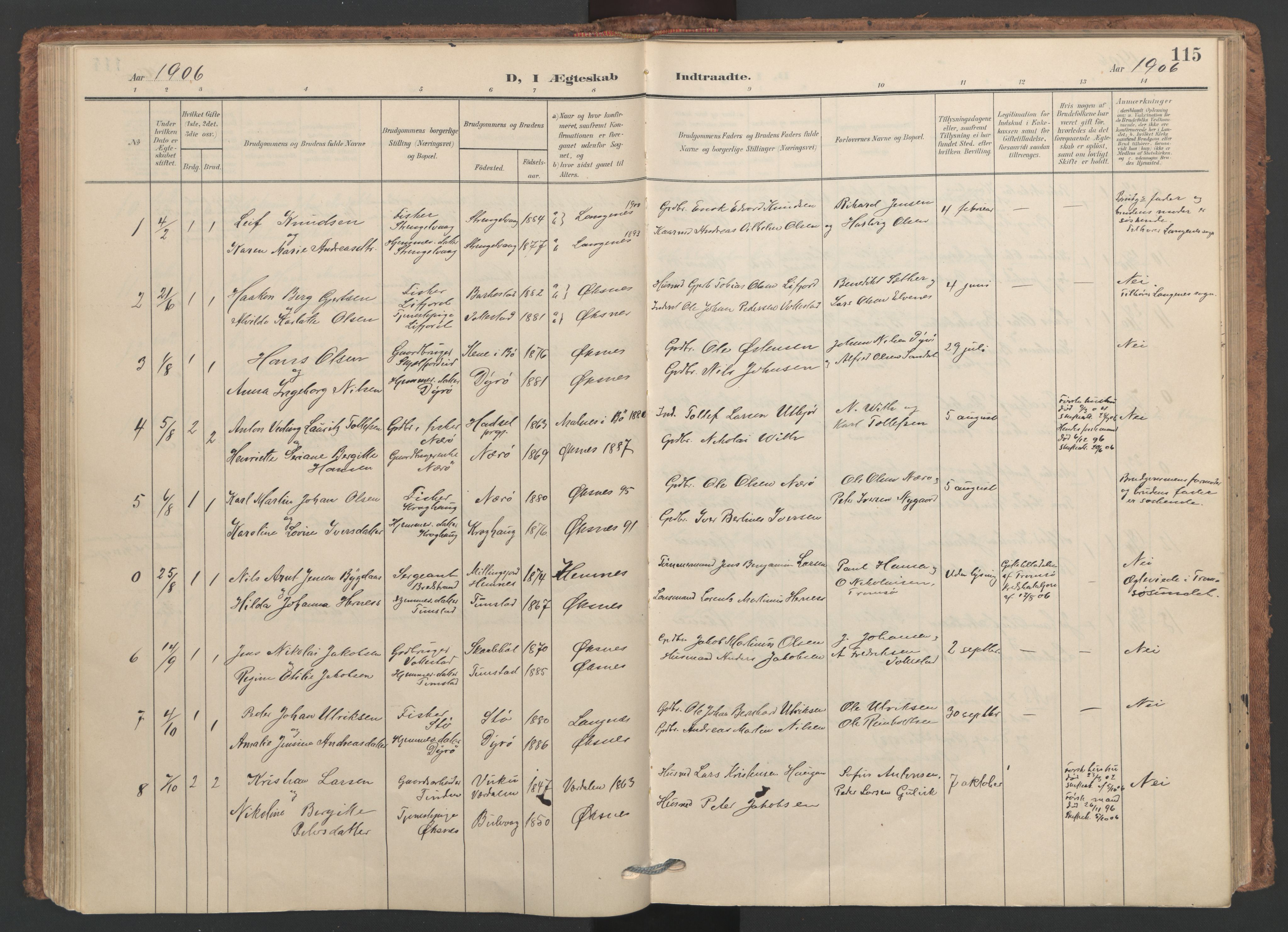 Ministerialprotokoller, klokkerbøker og fødselsregistre - Nordland, SAT/A-1459/893/L1339: Parish register (official) no. 893A11, 1904-1914, p. 115
