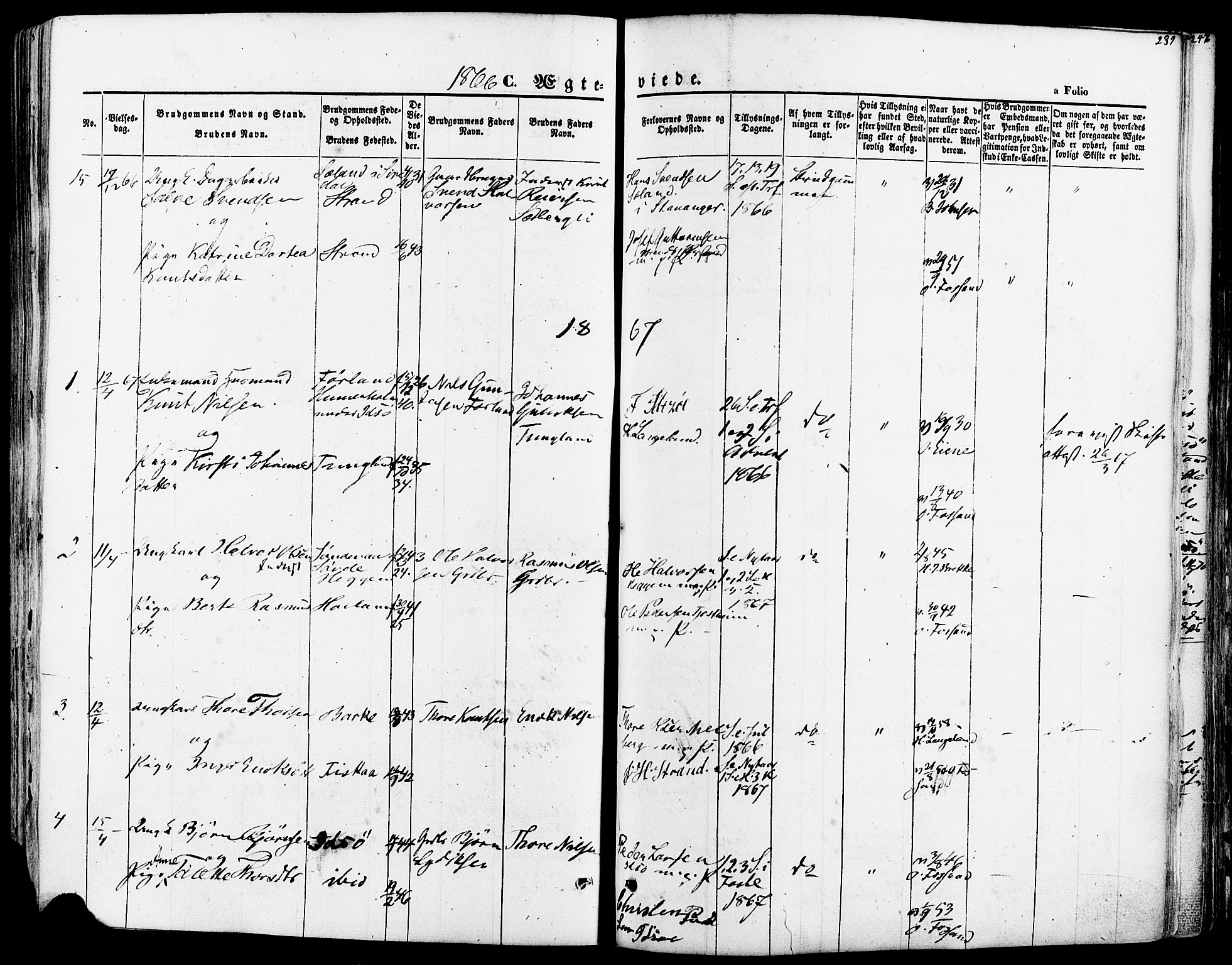 Strand sokneprestkontor, SAST/A-101828/H/Ha/Haa/L0007: Parish register (official) no. A 7, 1855-1881, p. 239