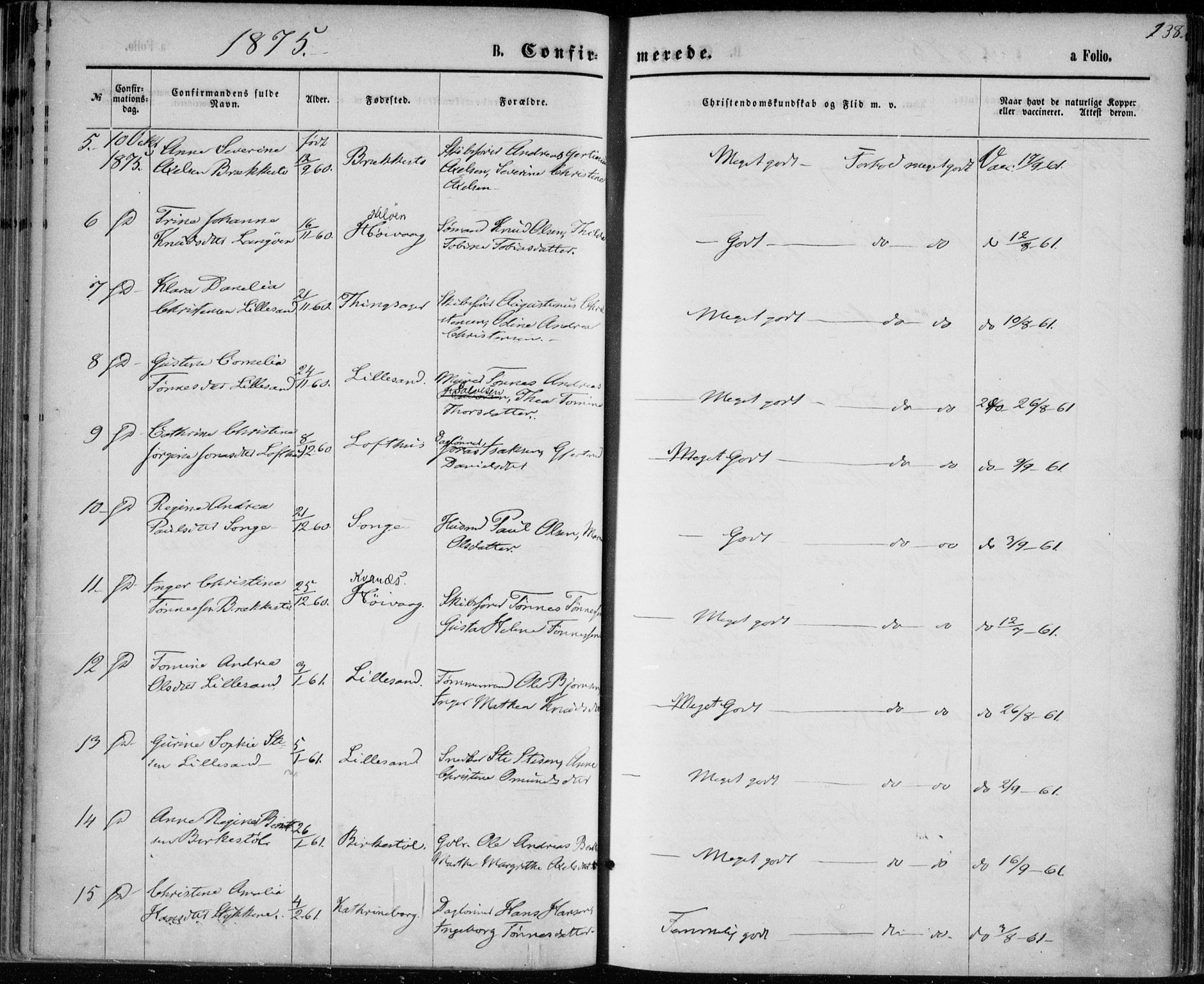 Vestre Moland sokneprestkontor, SAK/1111-0046/F/Fa/Fab/L0008: Parish register (official) no. A 8, 1873-1883, p. 138