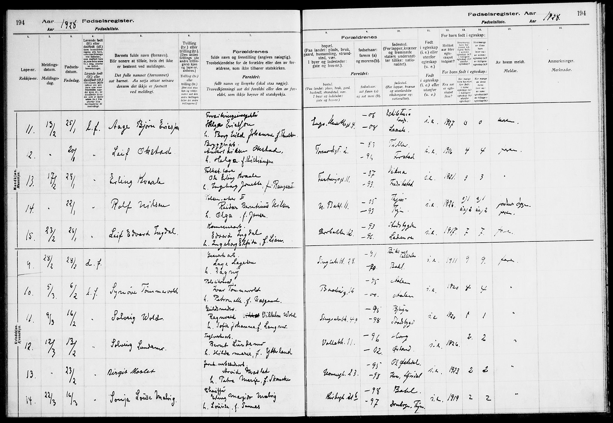 Ministerialprotokoller, klokkerbøker og fødselsregistre - Sør-Trøndelag, AV/SAT-A-1456/604/L0233: Birth register no. 604.II.4.2, 1920-1928, p. 194