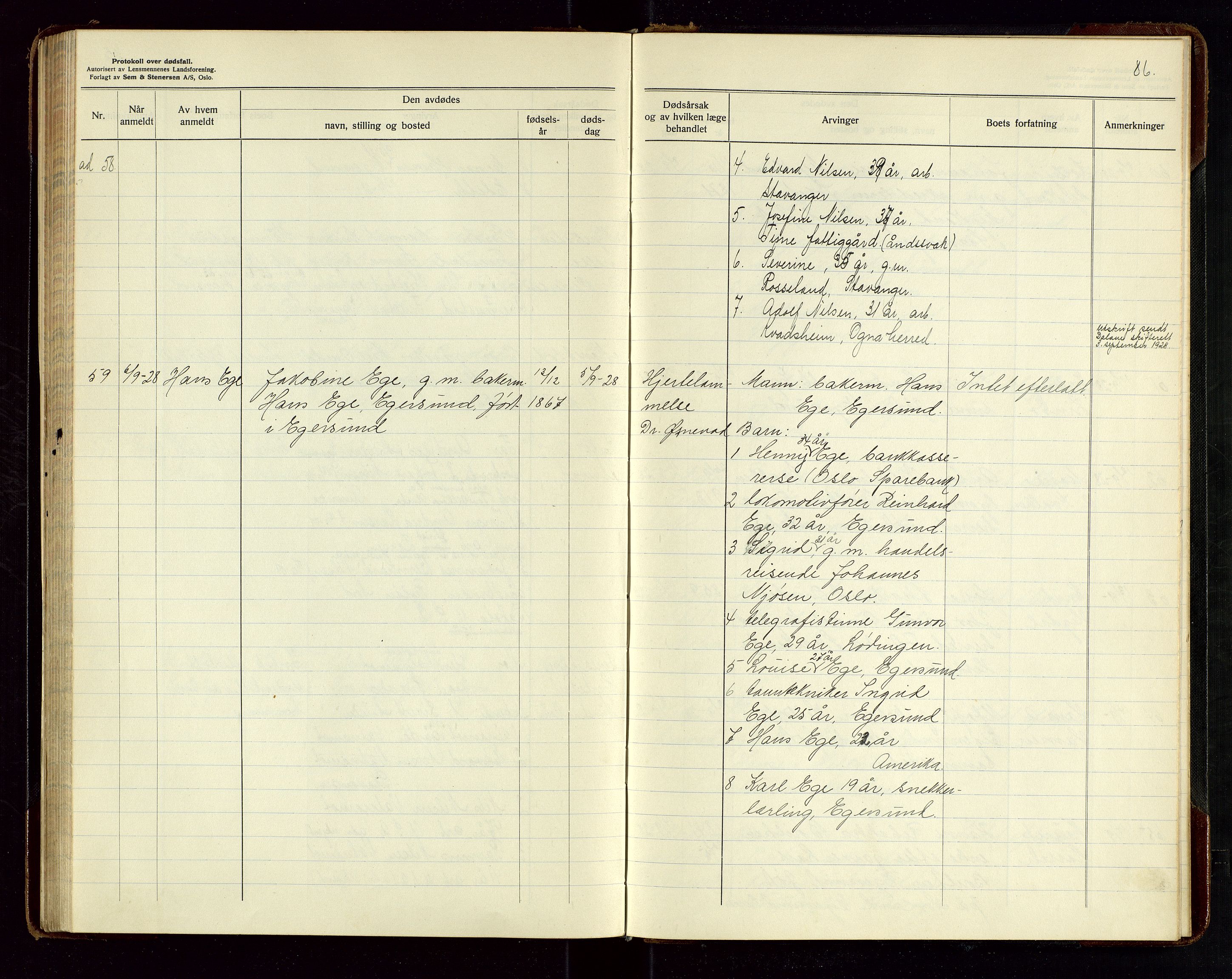 Eigersund lensmannskontor, AV/SAST-A-100171/Gga/L0010: "Protokoll over anmeldte dødsfall" m/alfabetisk navneregister, 1926-1928, p. 86