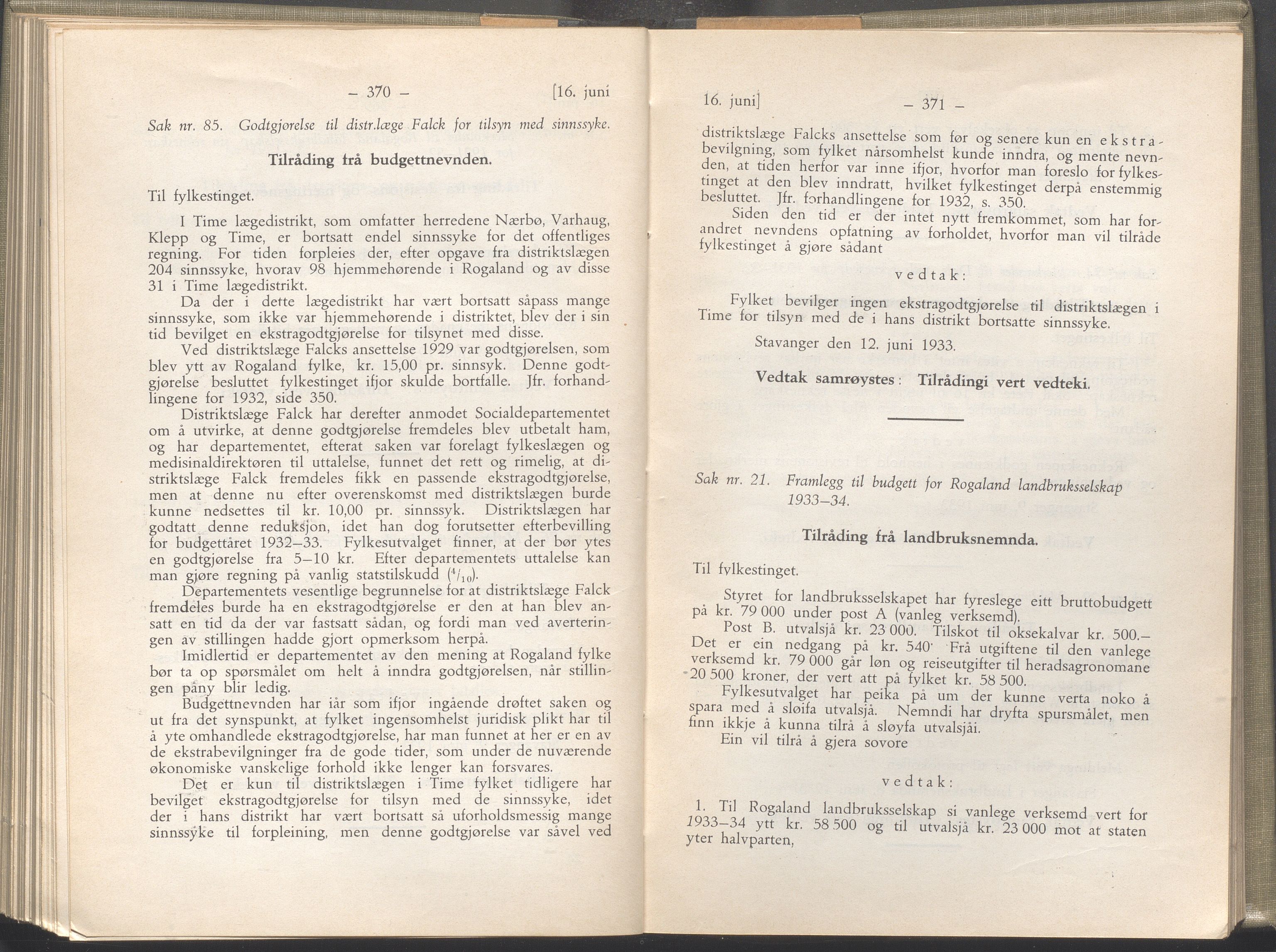 Rogaland fylkeskommune - Fylkesrådmannen , IKAR/A-900/A/Aa/Aaa/L0052: Møtebok , 1933, p. 370-371