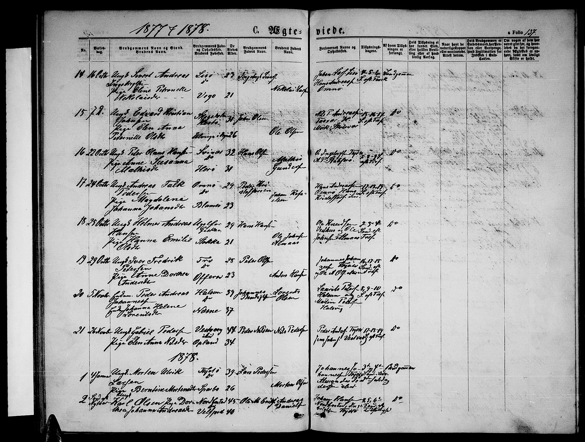 Ministerialprotokoller, klokkerbøker og fødselsregistre - Nordland, AV/SAT-A-1459/817/L0267: Parish register (copy) no. 817C02, 1870-1883, p. 137