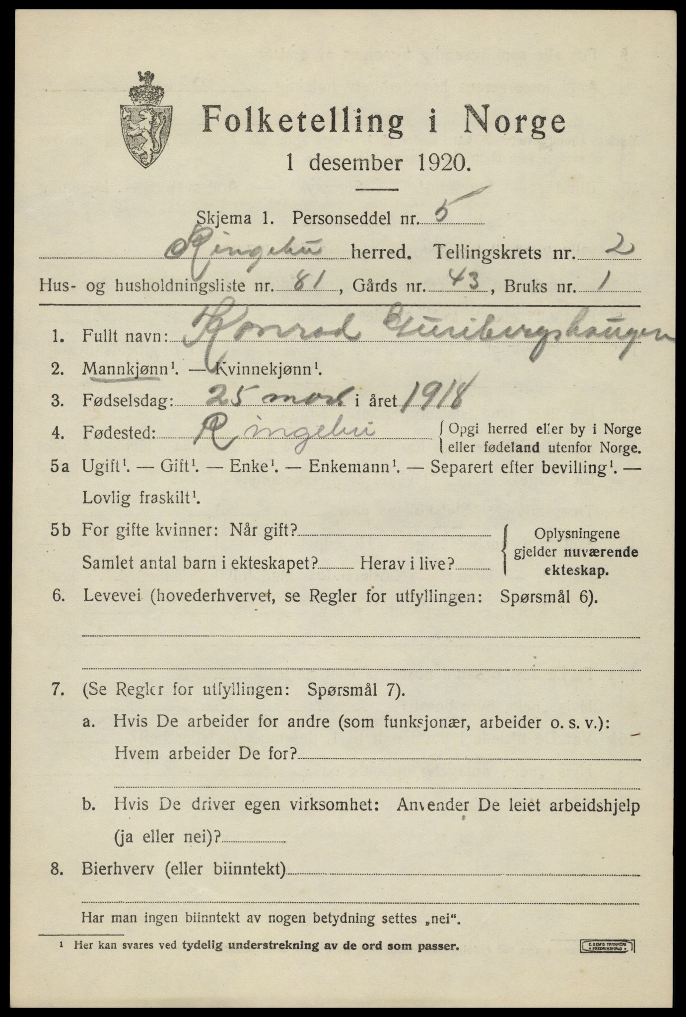 SAH, 1920 census for Ringebu, 1920, p. 3577