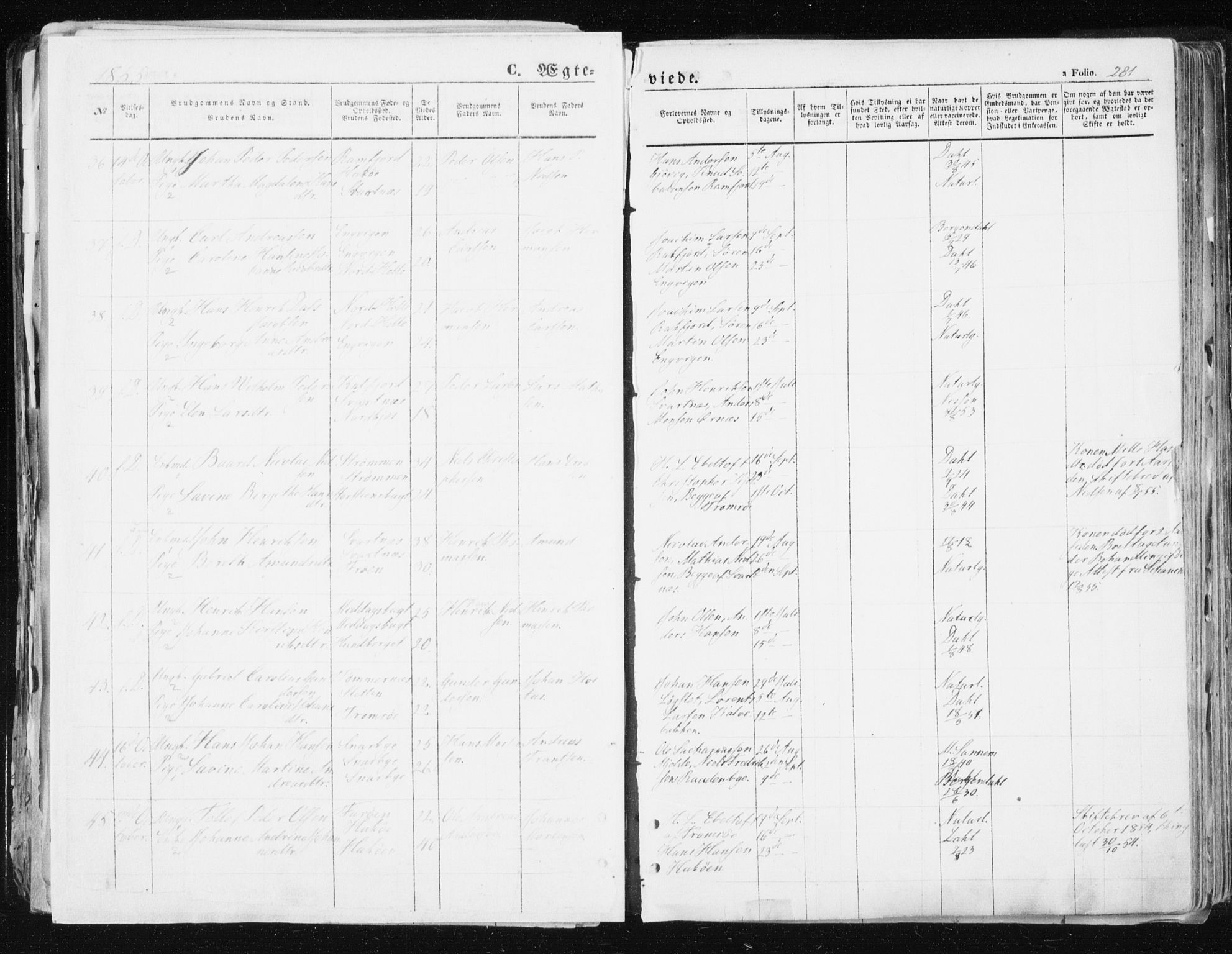 Tromsø sokneprestkontor/stiftsprosti/domprosti, AV/SATØ-S-1343/G/Ga/L0010kirke: Parish register (official) no. 10, 1848-1855, p. 281