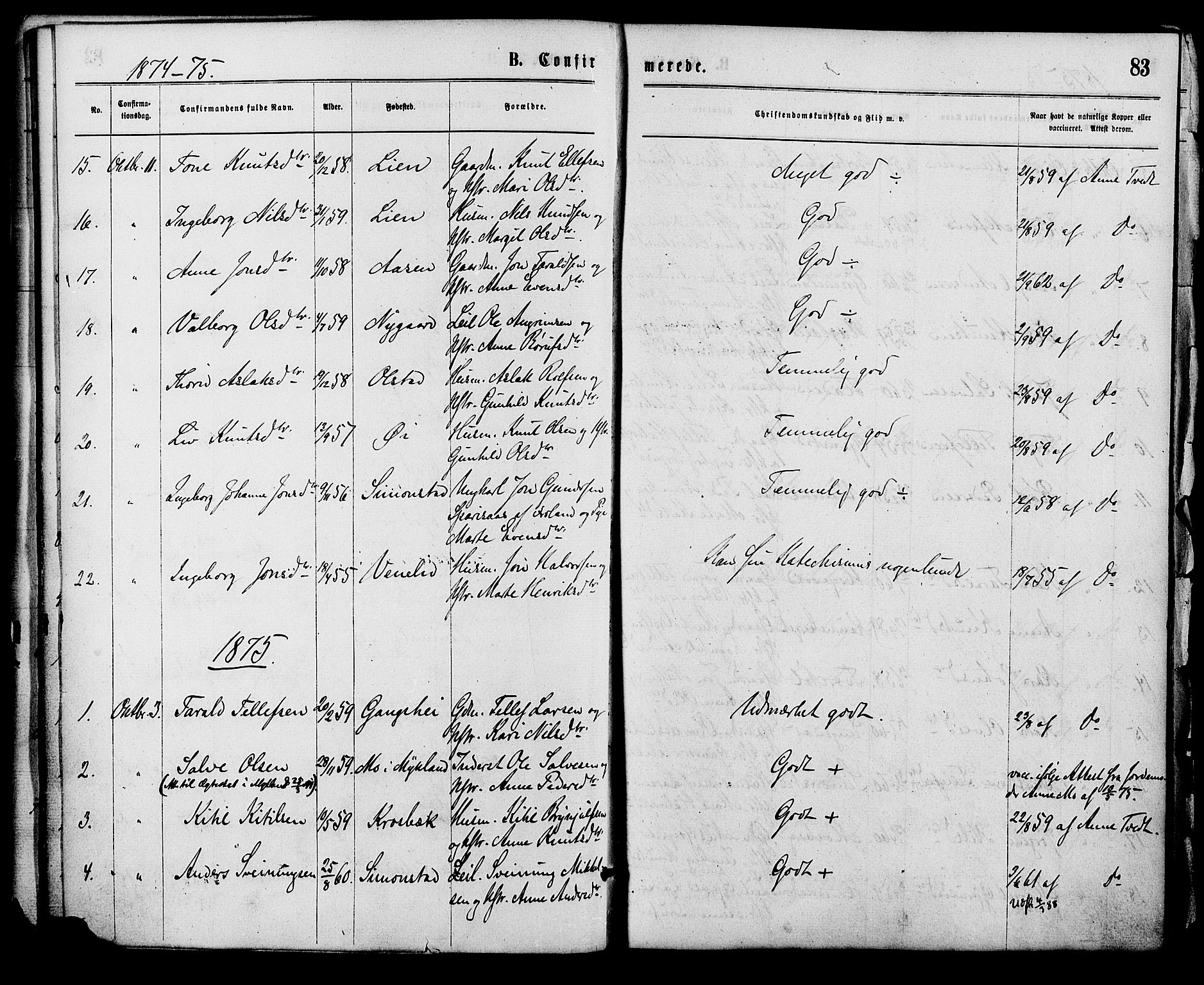 Åmli sokneprestkontor, AV/SAK-1111-0050/F/Fa/Fac/L0009: Parish register (official) no. A 9 /1, 1869-1884, p. 83