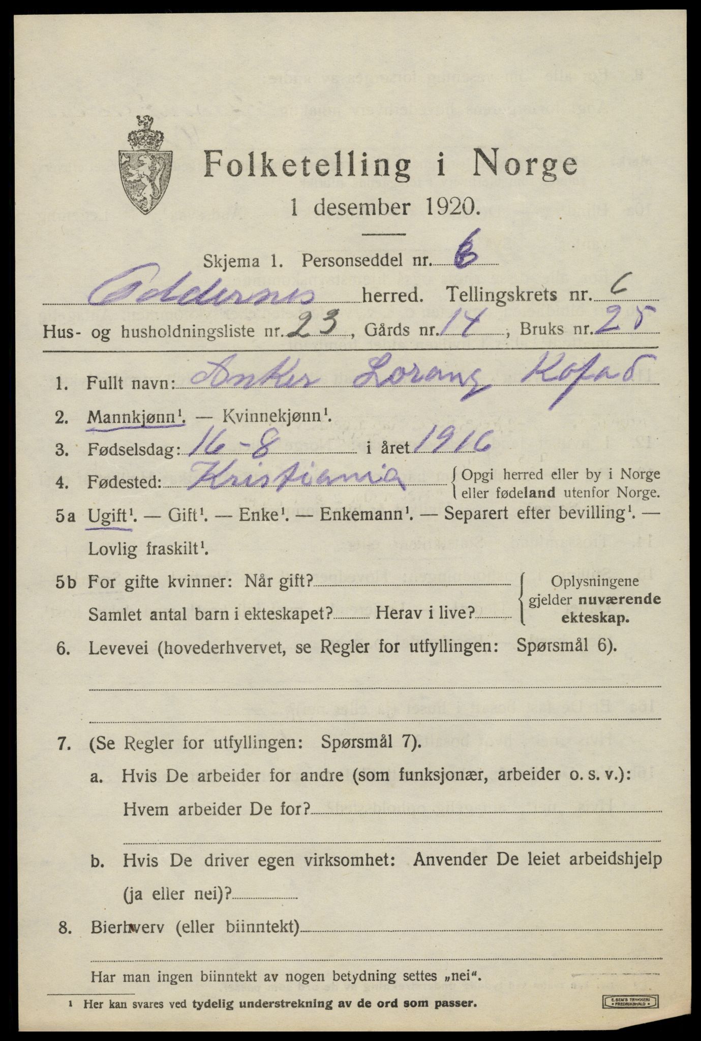 SAK, 1920 census for Oddernes, 1920, p. 5171