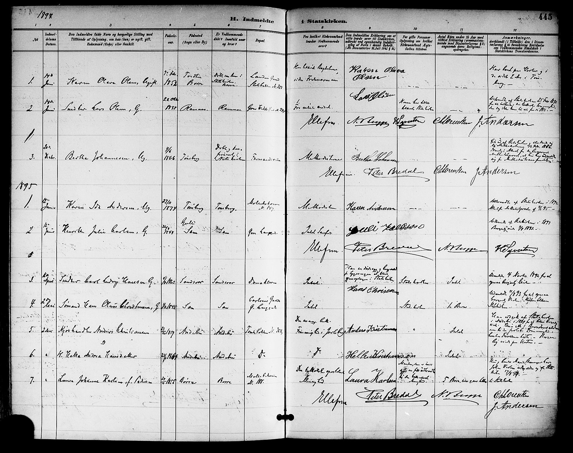 Tønsberg kirkebøker, SAKO/A-330/F/Fa/L0012: Parish register (official) no. I 12, 1891-1899, p. 445