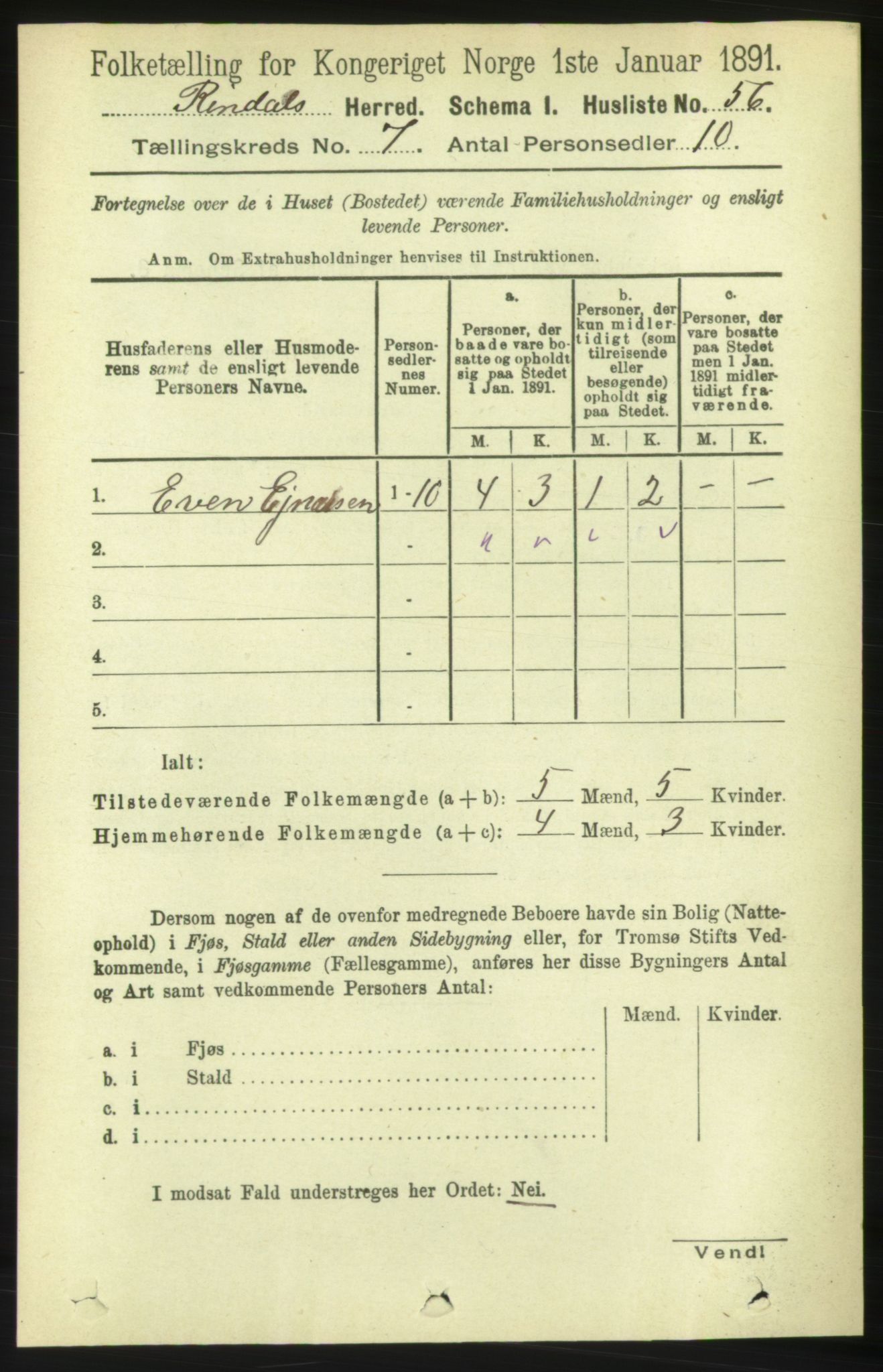 RA, 1891 census for 1567 Rindal, 1891, p. 2019