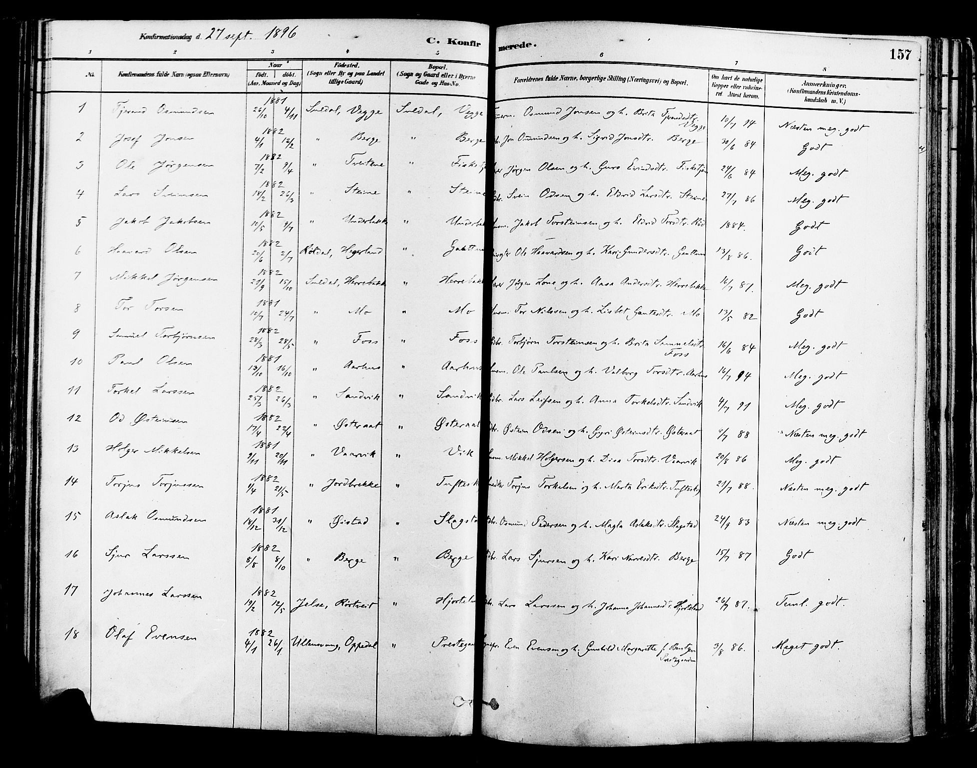 Suldal sokneprestkontor, AV/SAST-A-101845/01/IV/L0011: Parish register (official) no. A 11, 1878-1900, p. 157