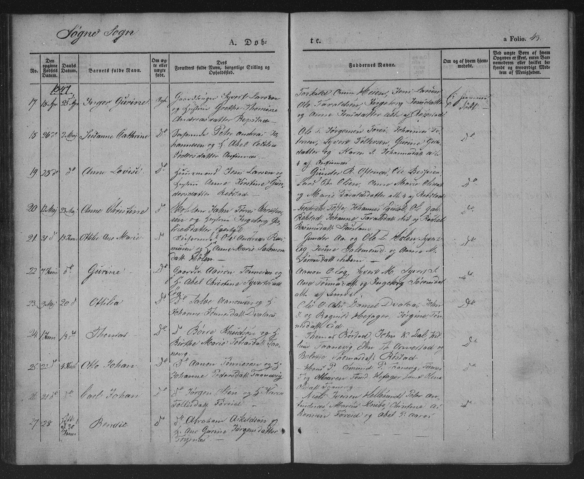 Søgne sokneprestkontor, AV/SAK-1111-0037/F/Fa/Fab/L0009: Parish register (official) no. A 9, 1838-1853, p. 43