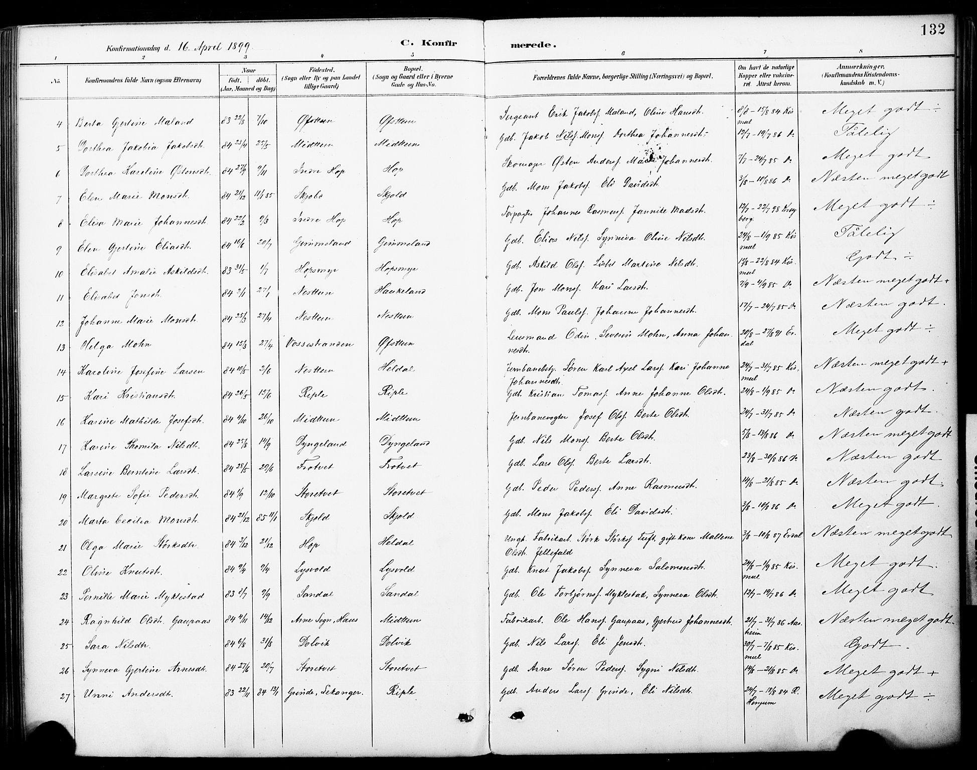 Fana Sokneprestembete, AV/SAB-A-75101/H/Haa/Haai/L0002: Parish register (official) no. I 2, 1888-1899, p. 132