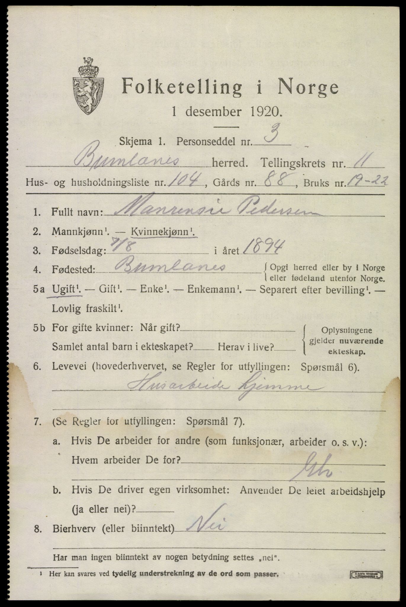 SAKO, 1920 census for Brunlanes, 1920, p. 10465
