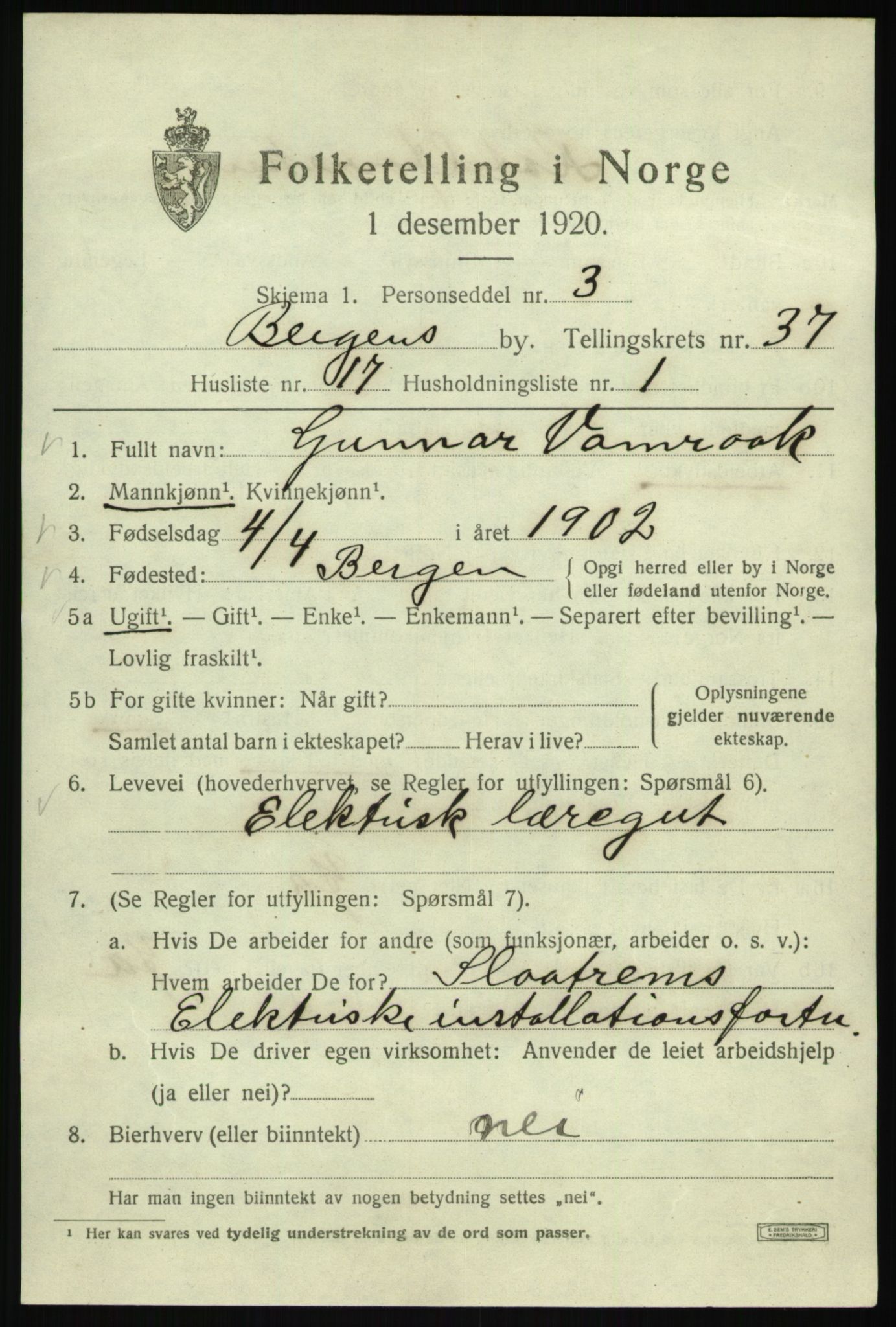 SAB, 1920 census for Bergen, 1920, p. 104406