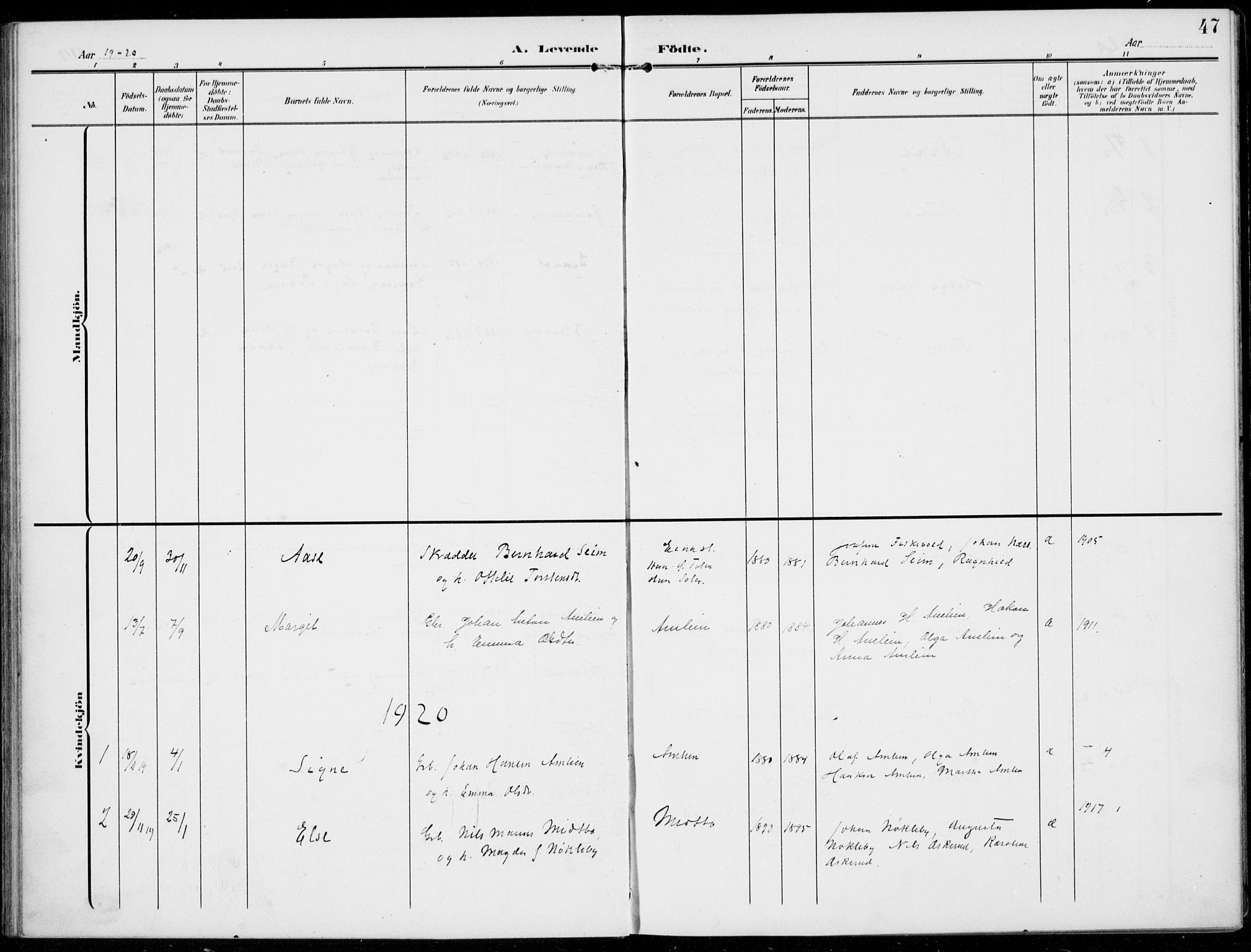 Kolbu prestekontor, SAH/PREST-110/H/Ha/Haa/L0001: Parish register (official) no. 1, 1907-1923, p. 47