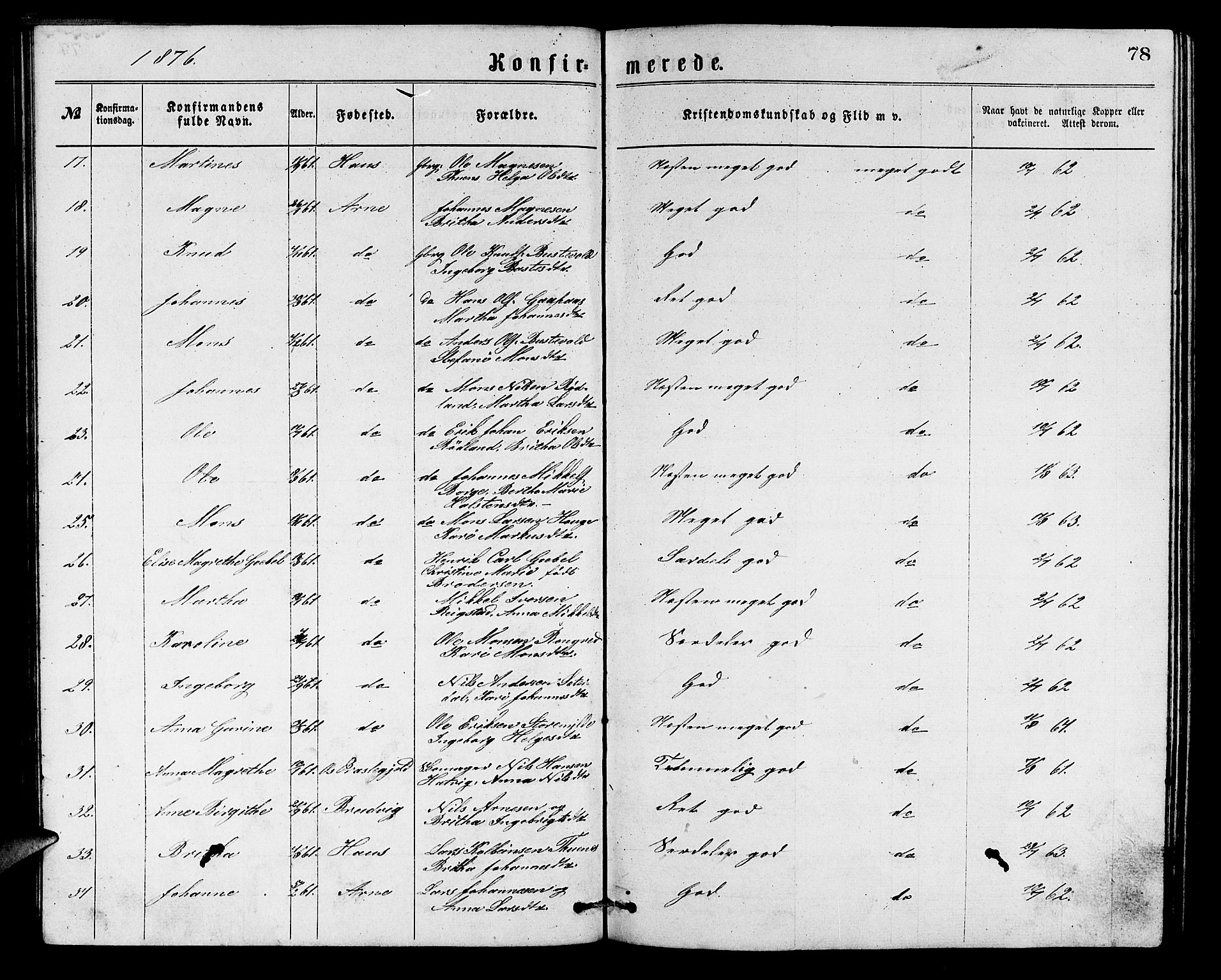 Arna Sokneprestembete, AV/SAB-A-74001/H/Ha/Hab: Parish register (copy) no. A 1, 1869-1879, p. 78