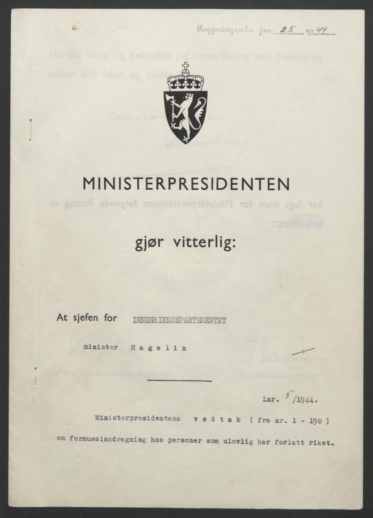 NS-administrasjonen 1940-1945 (Statsrådsekretariatet, de kommisariske statsråder mm), AV/RA-S-4279/D/Db/L0111/0003: Saker fra krigsårene / Journal, 1940-1945, p. 202