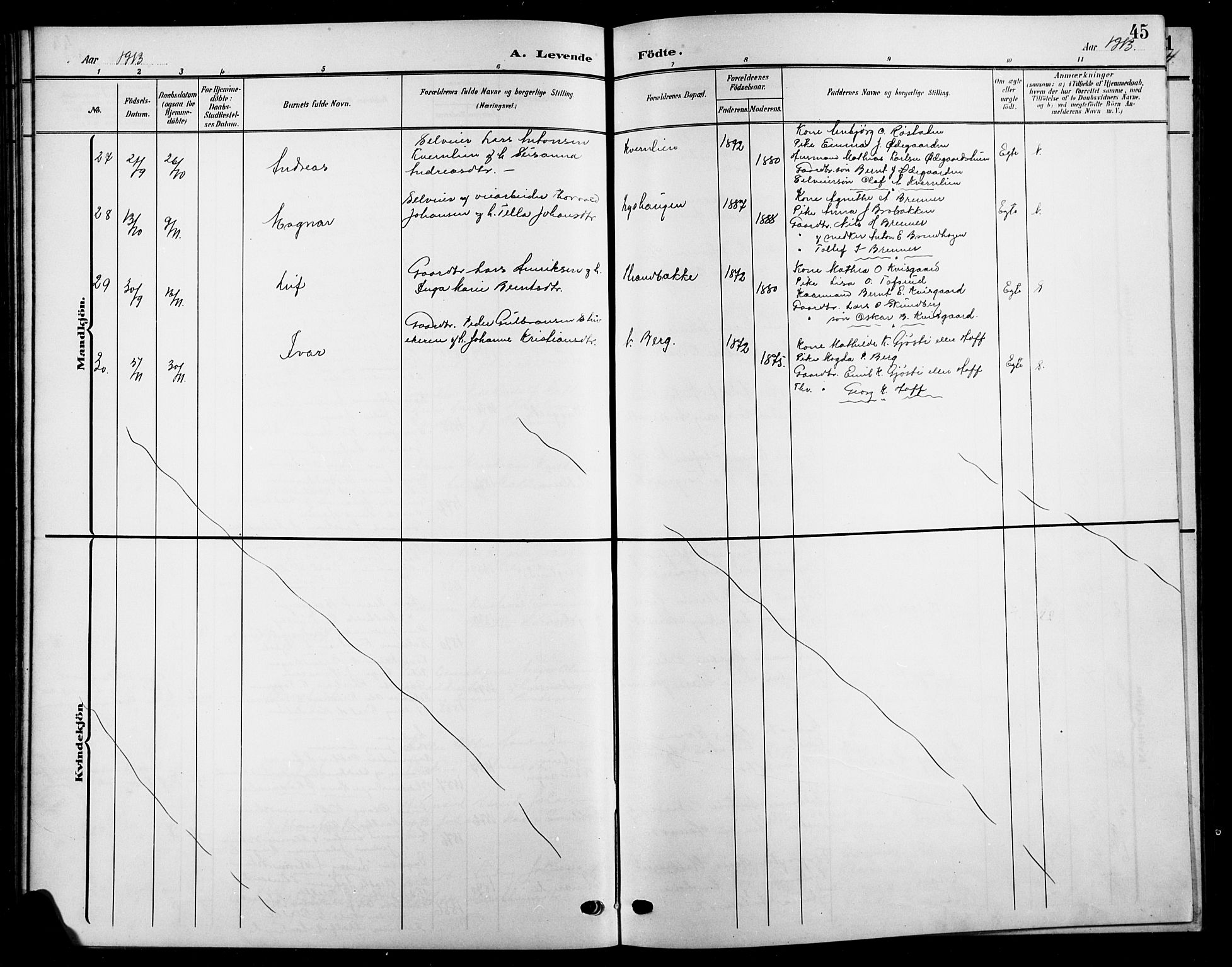 Biri prestekontor, SAH/PREST-096/H/Ha/Hab/L0005: Parish register (copy) no. 5, 1906-1919, p. 45