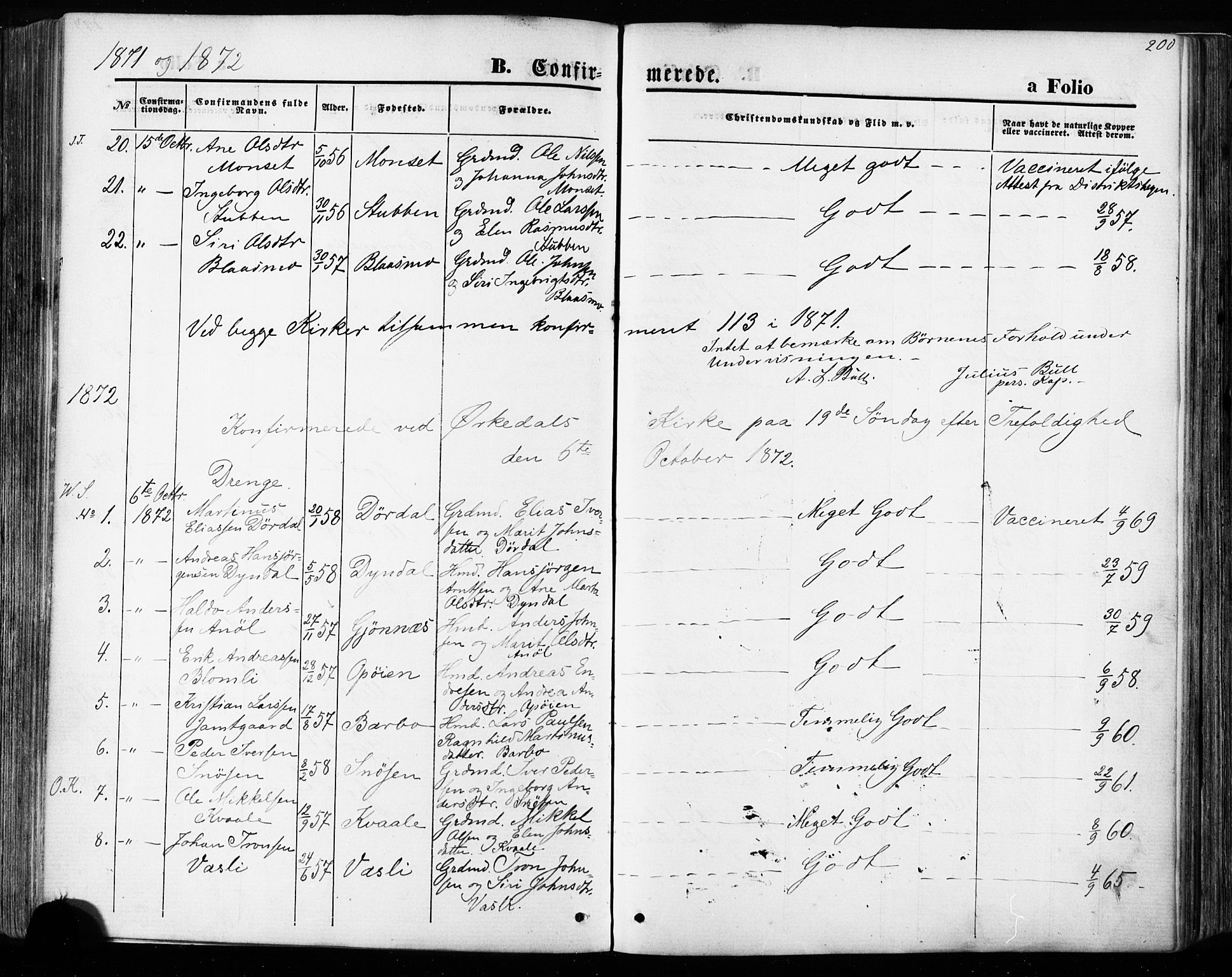 Ministerialprotokoller, klokkerbøker og fødselsregistre - Sør-Trøndelag, SAT/A-1456/668/L0807: Parish register (official) no. 668A07, 1870-1880, p. 200