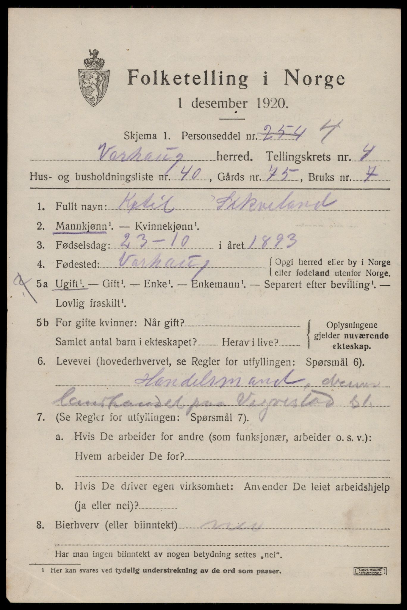 SAST, 1920 census for Varhaug, 1920, p. 4135
