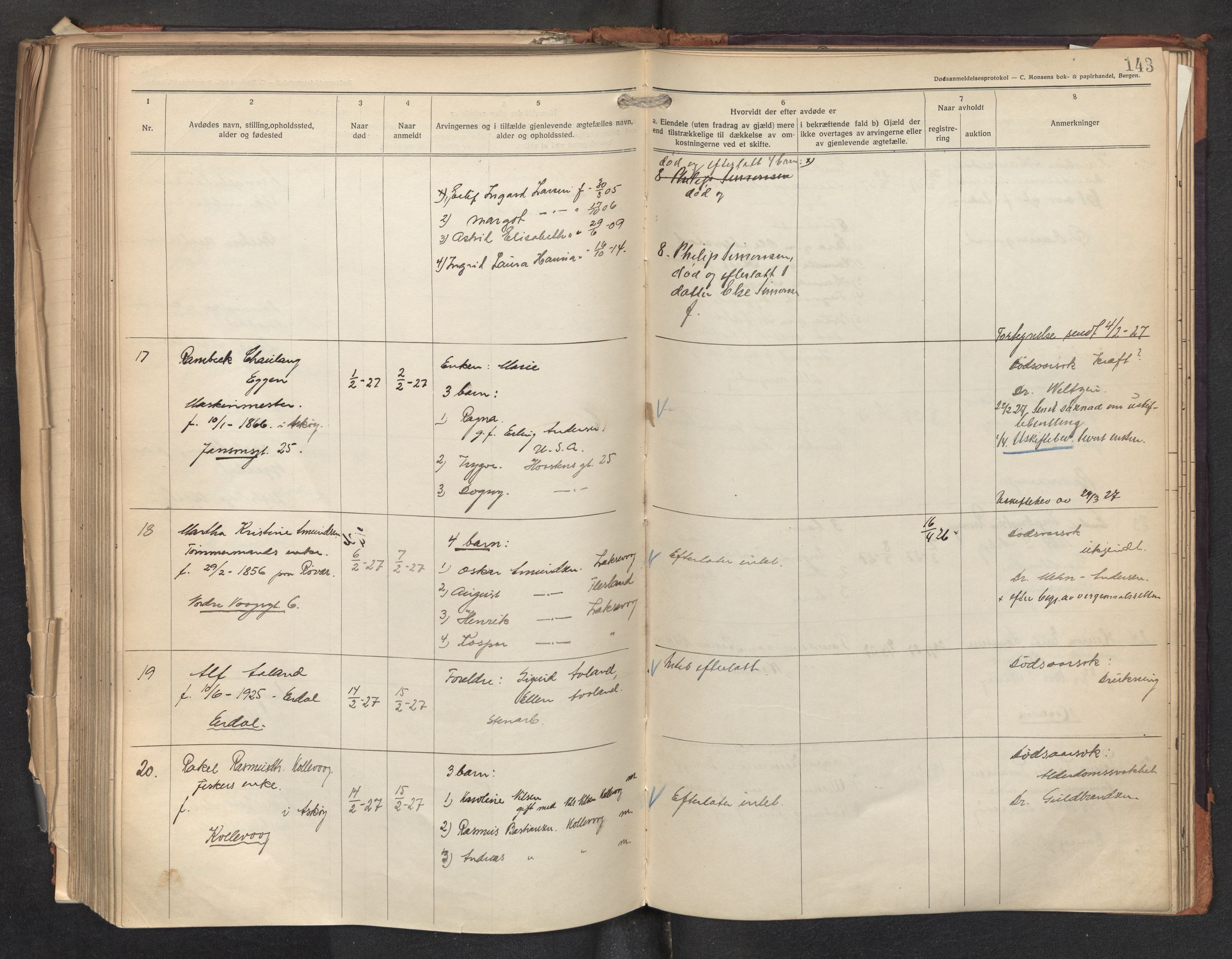 Lensmannen i Askøy, AV/SAB-A-31001/0006/L0002: Dødsfallprotokoll med register , 1921-1928, p. 143