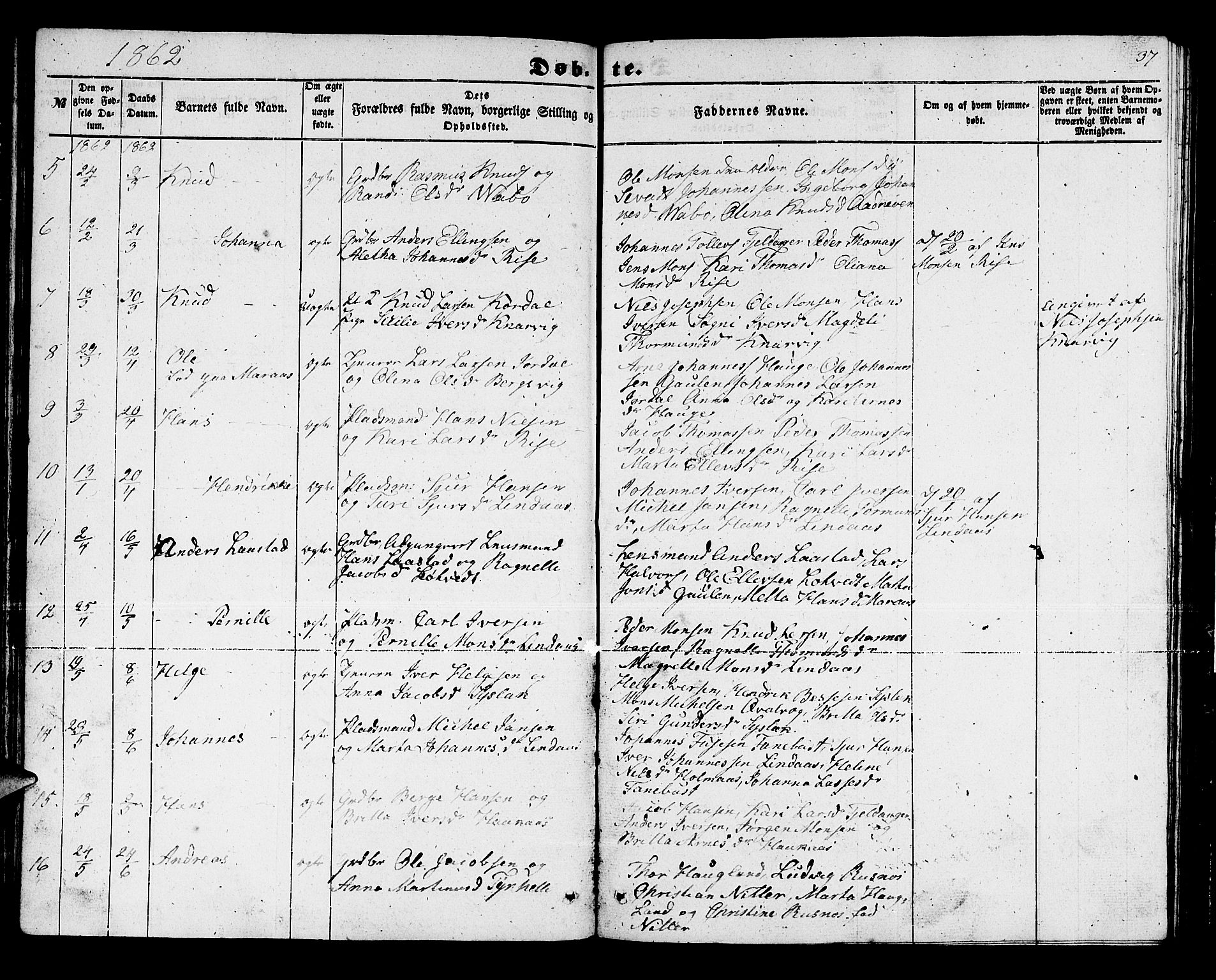 Lindås Sokneprestembete, SAB/A-76701/H/Hab: Parish register (copy) no. B 1, 1853-1866, p. 37
