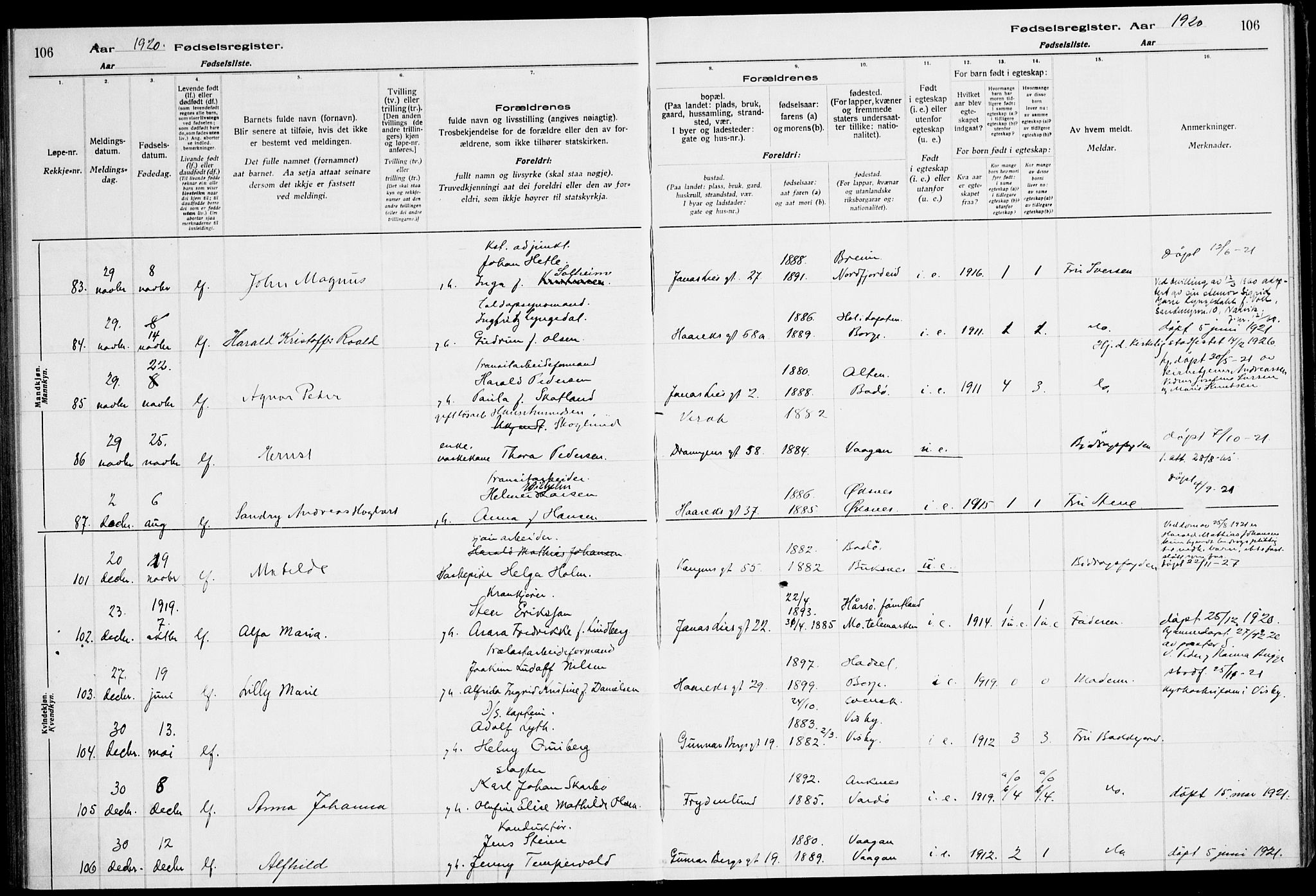 Ministerialprotokoller, klokkerbøker og fødselsregistre - Nordland, AV/SAT-A-1459/871/L1013: Birth register no. 871.II.4.1, 1916-1924, p. 106