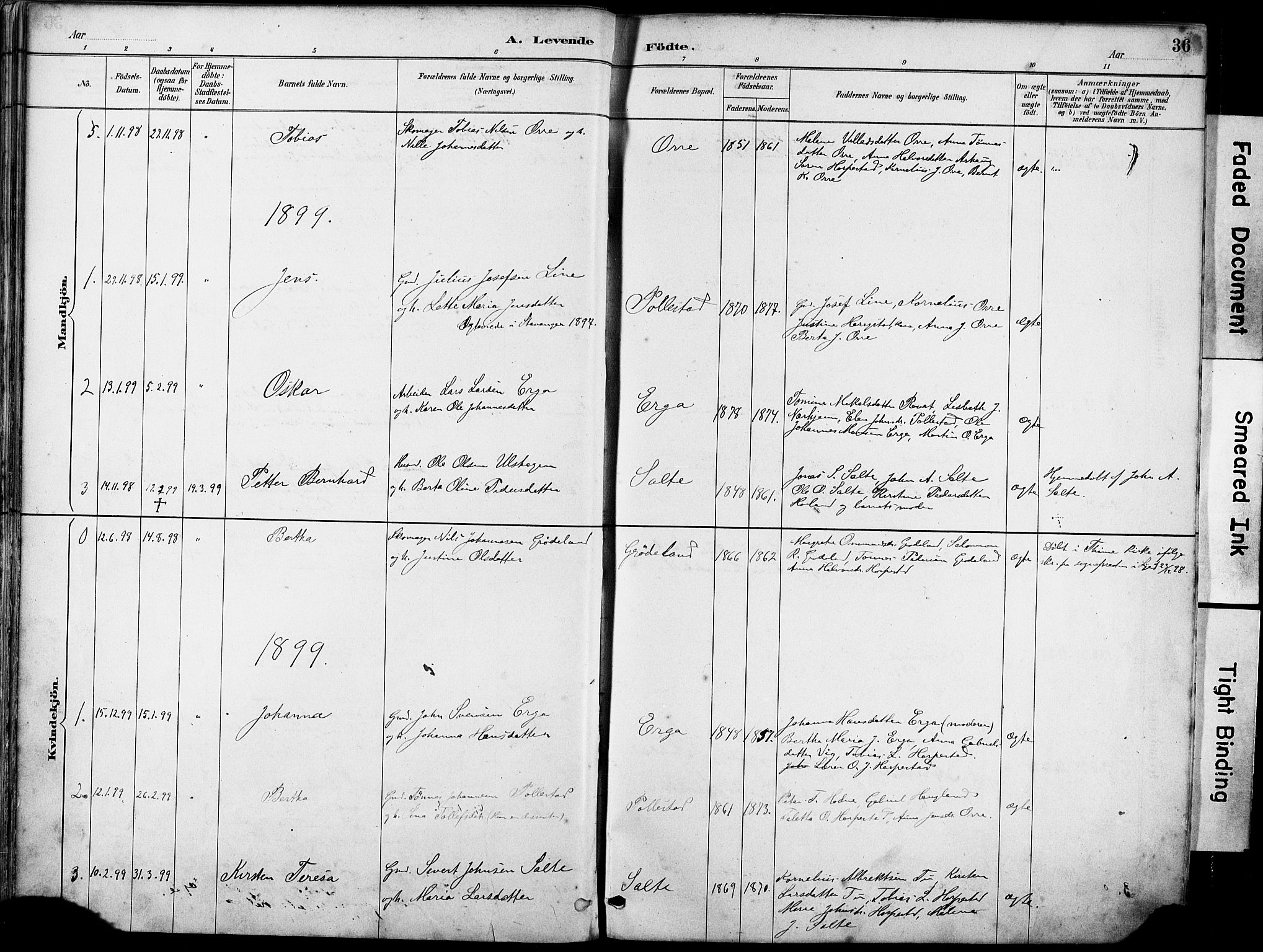 Klepp sokneprestkontor, AV/SAST-A-101803/001/3/30BA/L0007: Parish register (official) no. A 8, 1886-1912, p. 36