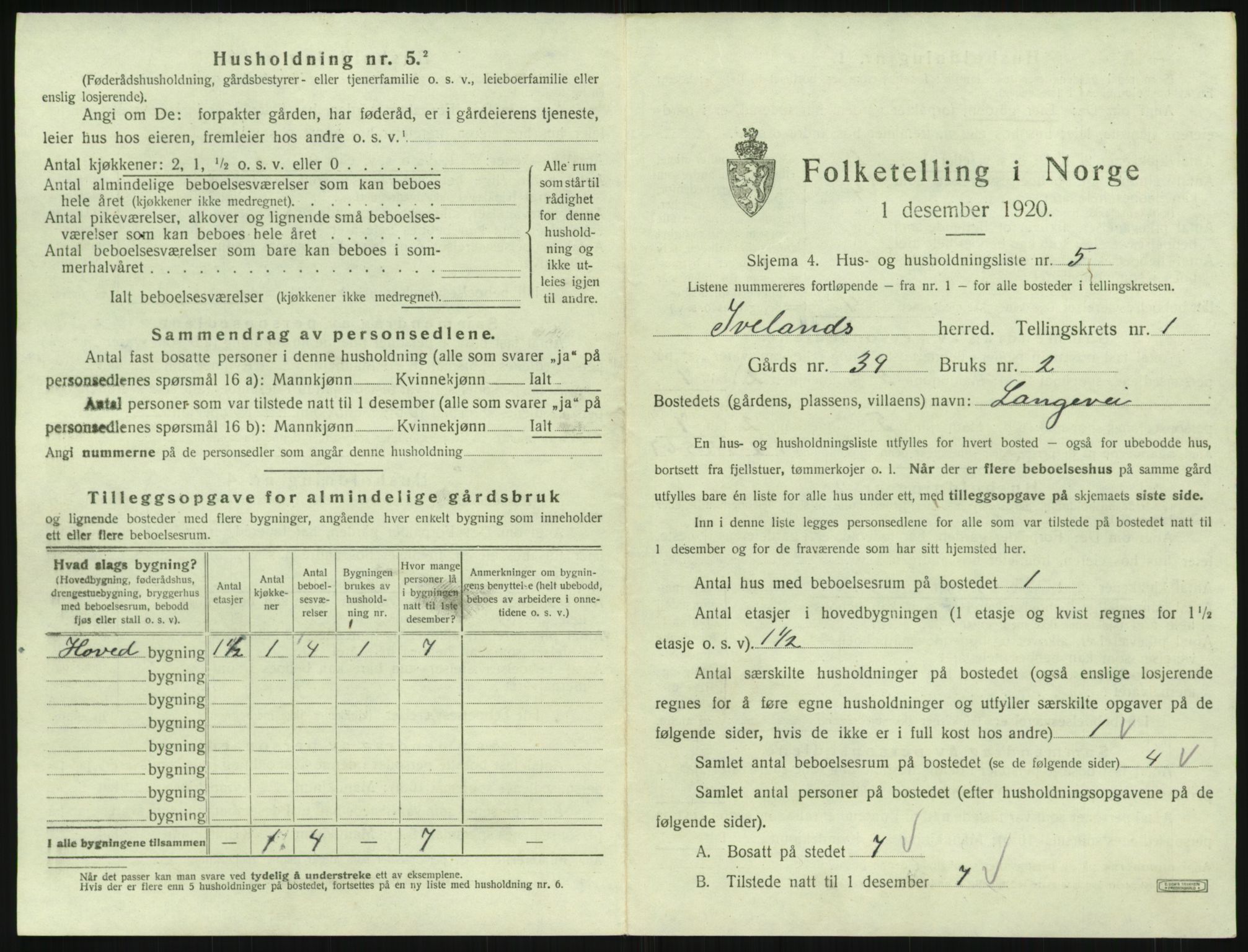 SAK, 1920 census for Iveland, 1920, p. 45