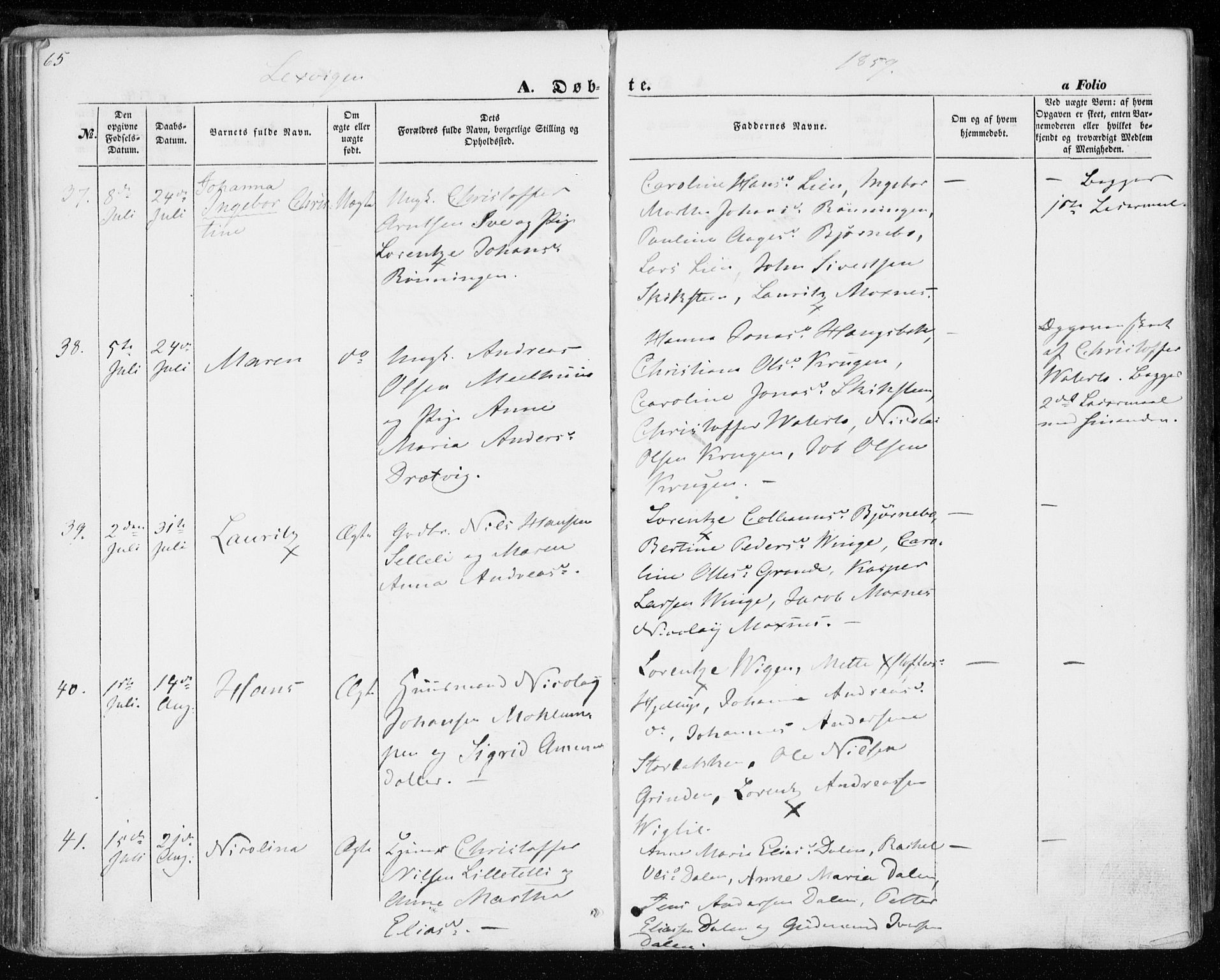 Ministerialprotokoller, klokkerbøker og fødselsregistre - Nord-Trøndelag, SAT/A-1458/701/L0008: Parish register (official) no. 701A08 /1, 1854-1863, p. 65