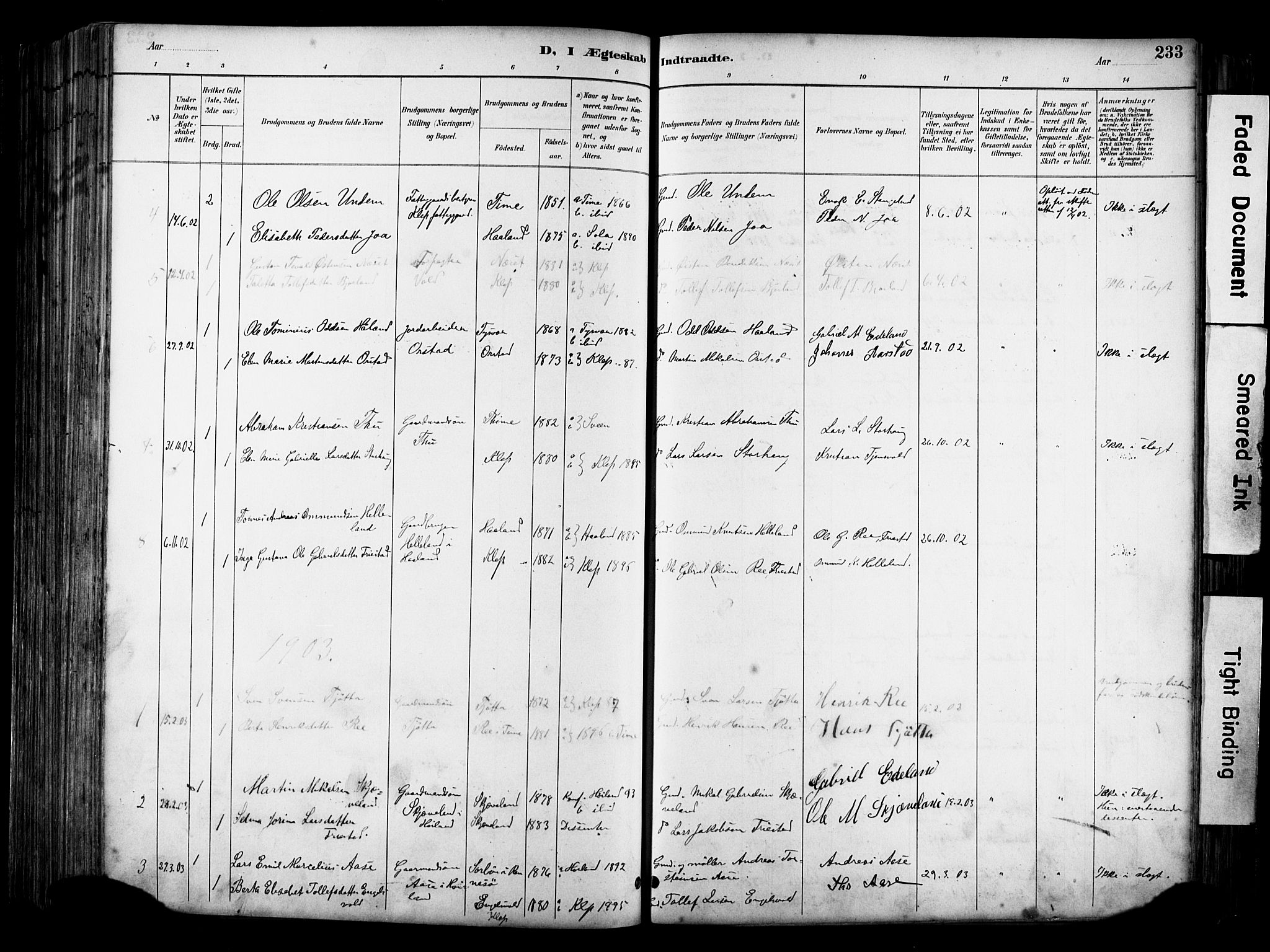 Klepp sokneprestkontor, AV/SAST-A-101803/001/3/30BA/L0009: Parish register (official) no. A 7, 1886-1915, p. 233