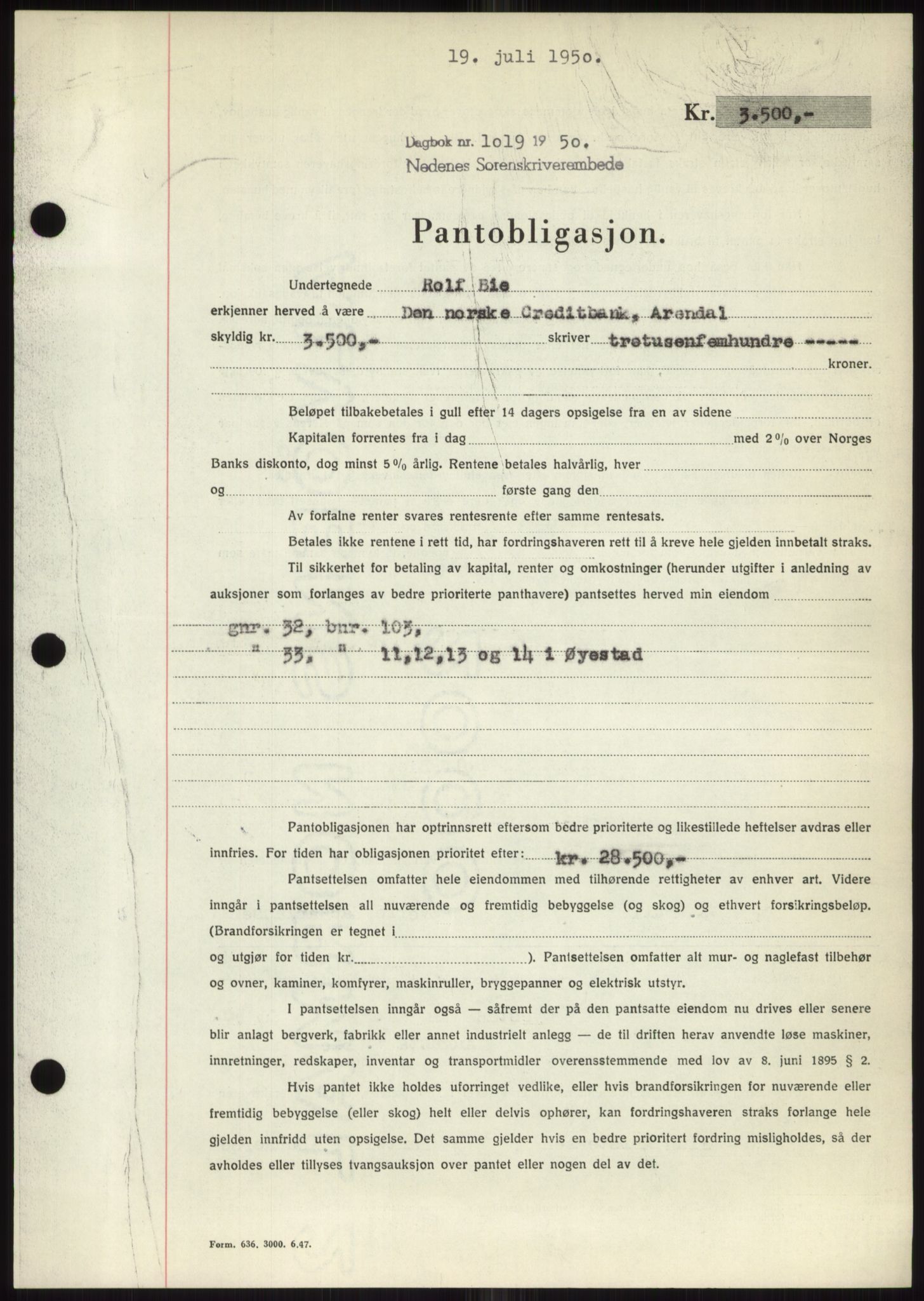 Nedenes sorenskriveri, AV/SAK-1221-0006/G/Gb/Gbb/L0007: Mortgage book no. B7, 1949-1950, Diary no: : 1019/1950