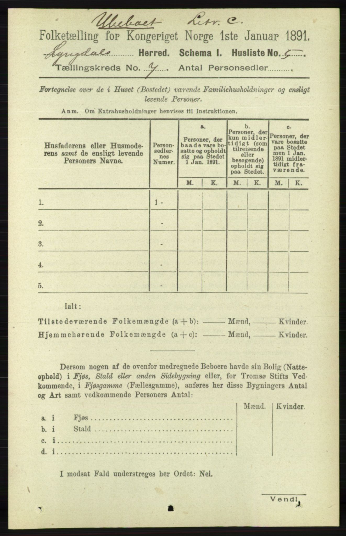 RA, 1891 census for 1032 Lyngdal, 1891, p. 2844