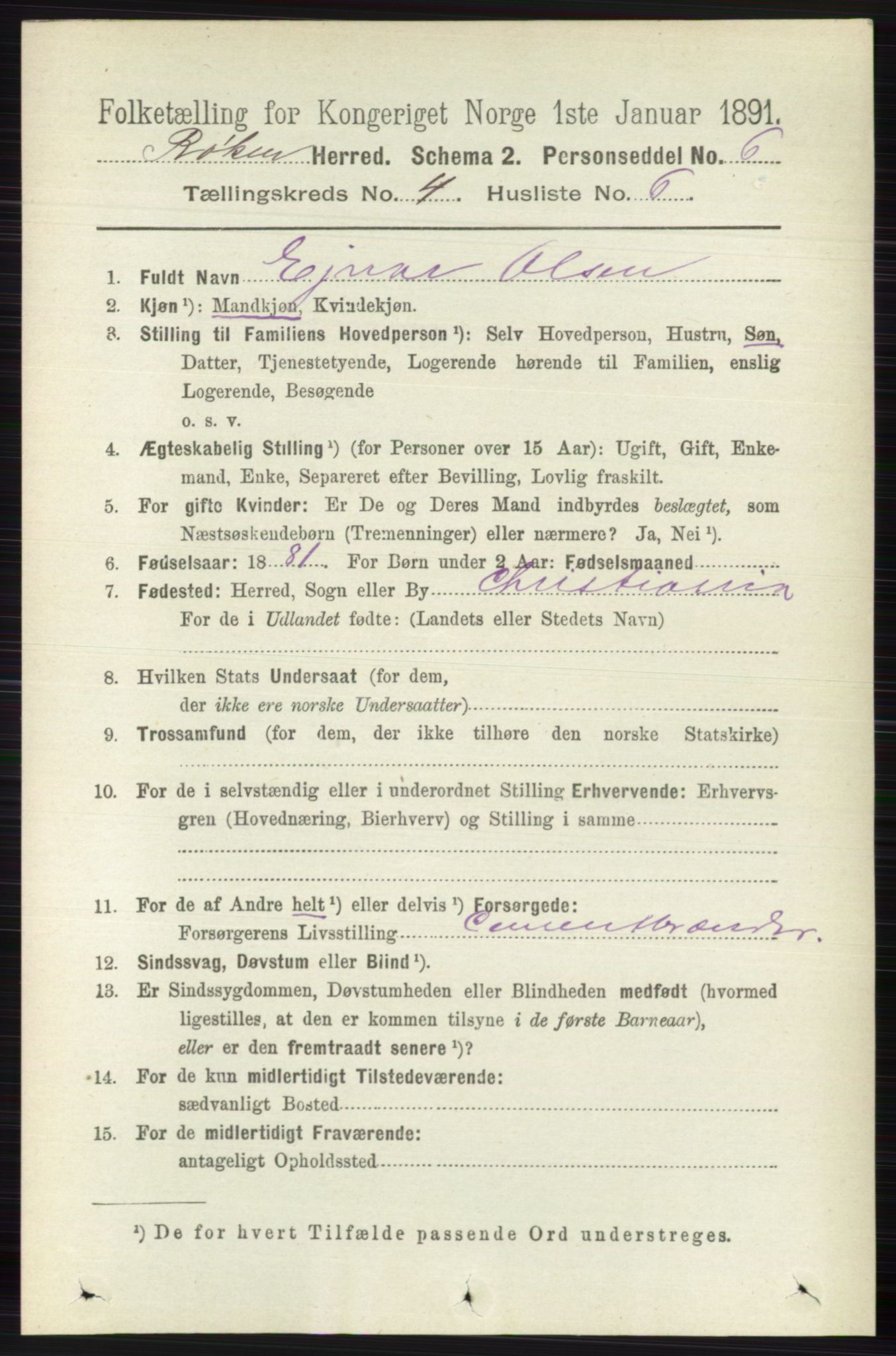RA, 1891 census for 0627 Røyken, 1891, p. 1896