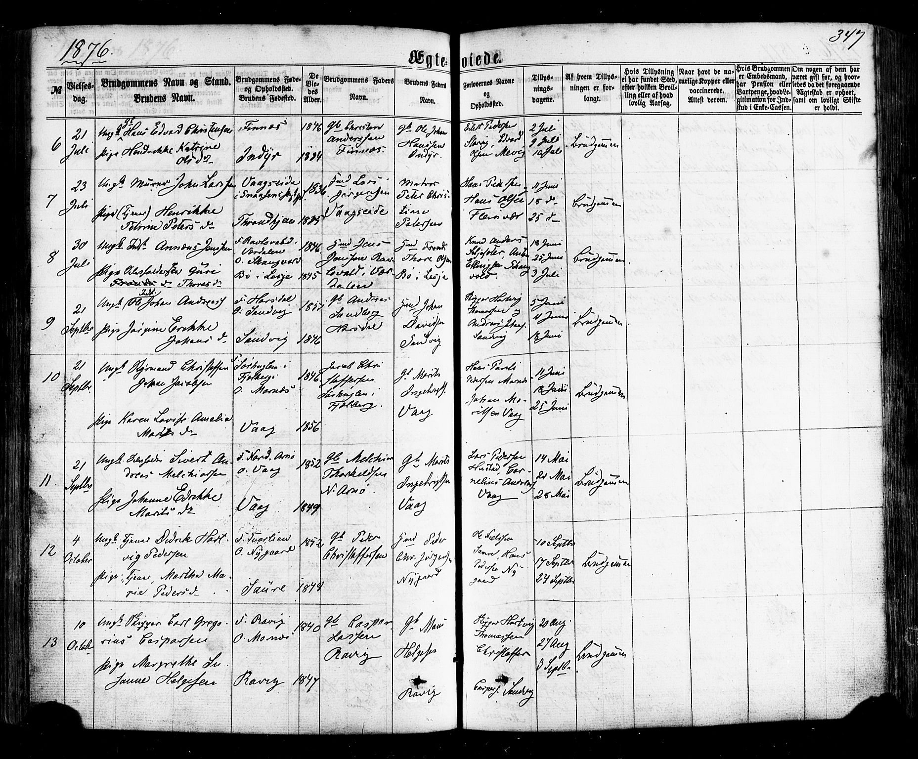 Ministerialprotokoller, klokkerbøker og fødselsregistre - Nordland, AV/SAT-A-1459/805/L0098: Parish register (official) no. 805A05, 1862-1879, p. 347