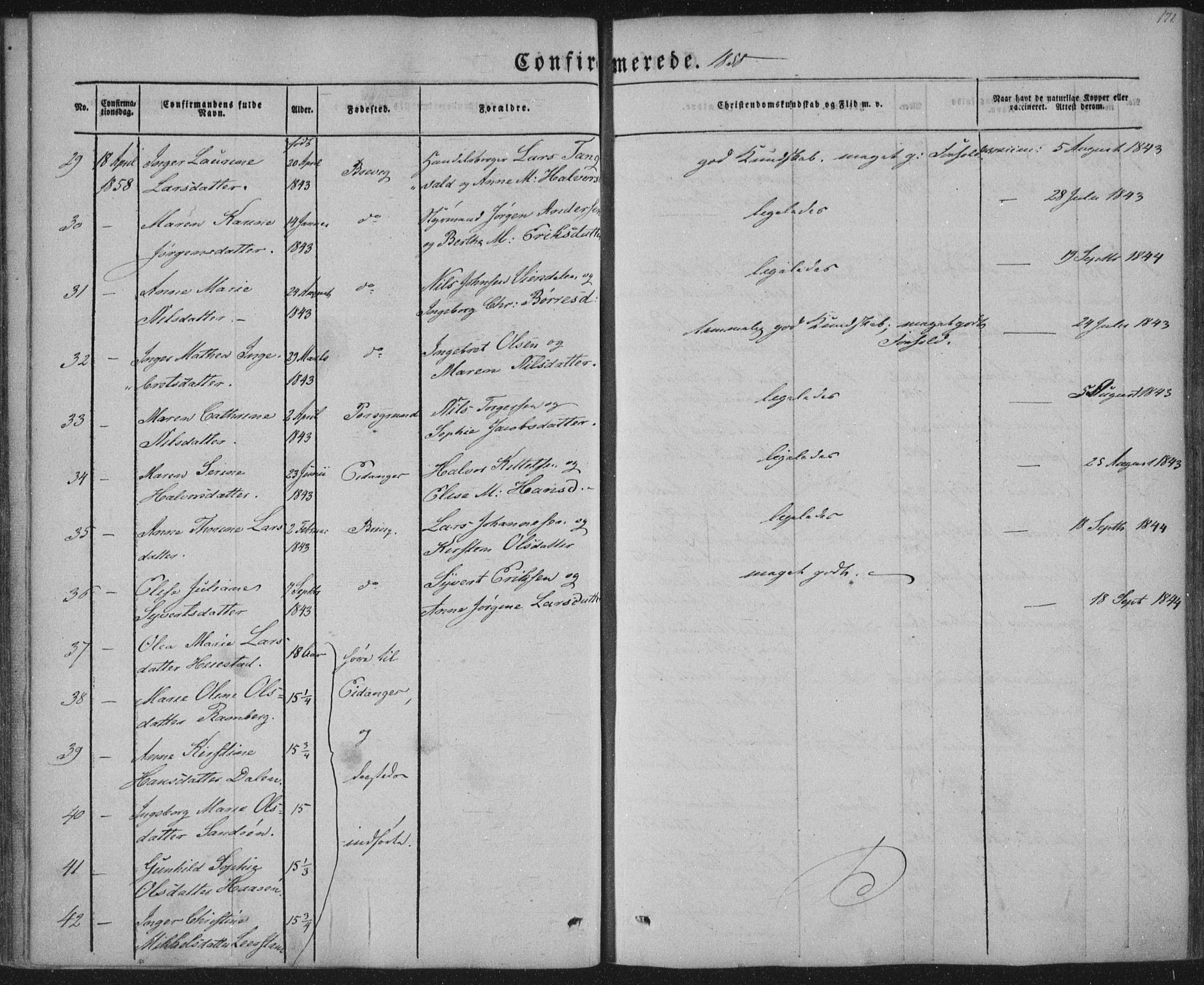 Brevik kirkebøker, AV/SAKO-A-255/F/Fa/L0005: Parish register (official) no. 5, 1847-1865, p. 171