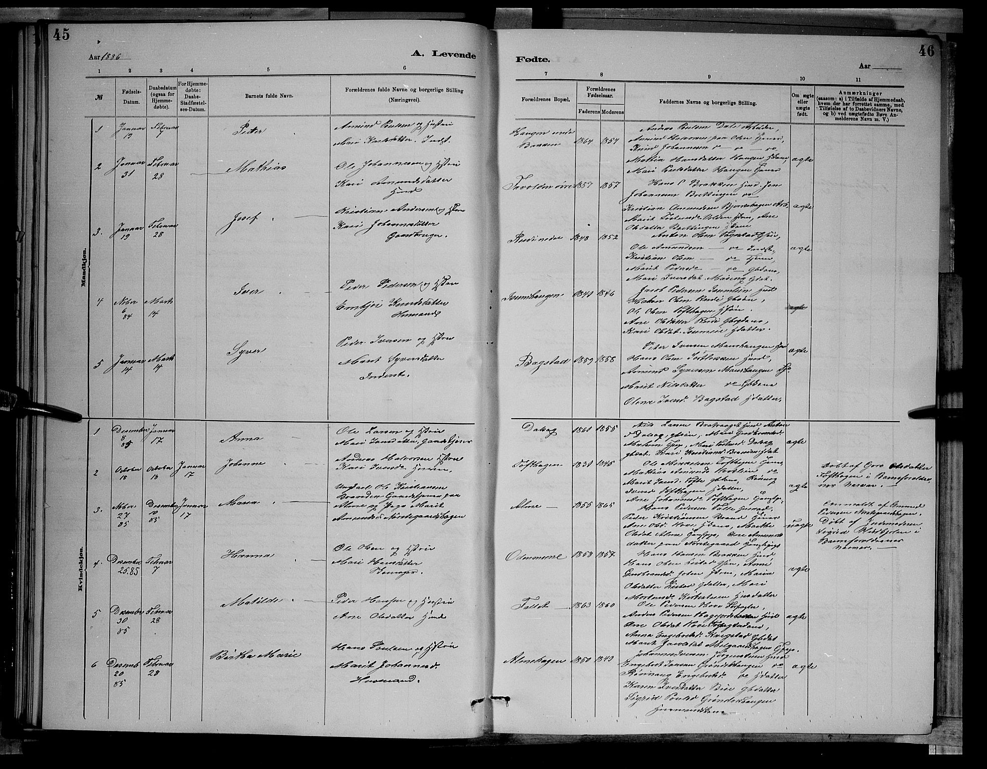 Sør-Fron prestekontor, AV/SAH-PREST-010/H/Ha/Hab/L0003: Parish register (copy) no. 3, 1884-1896, p. 45-46