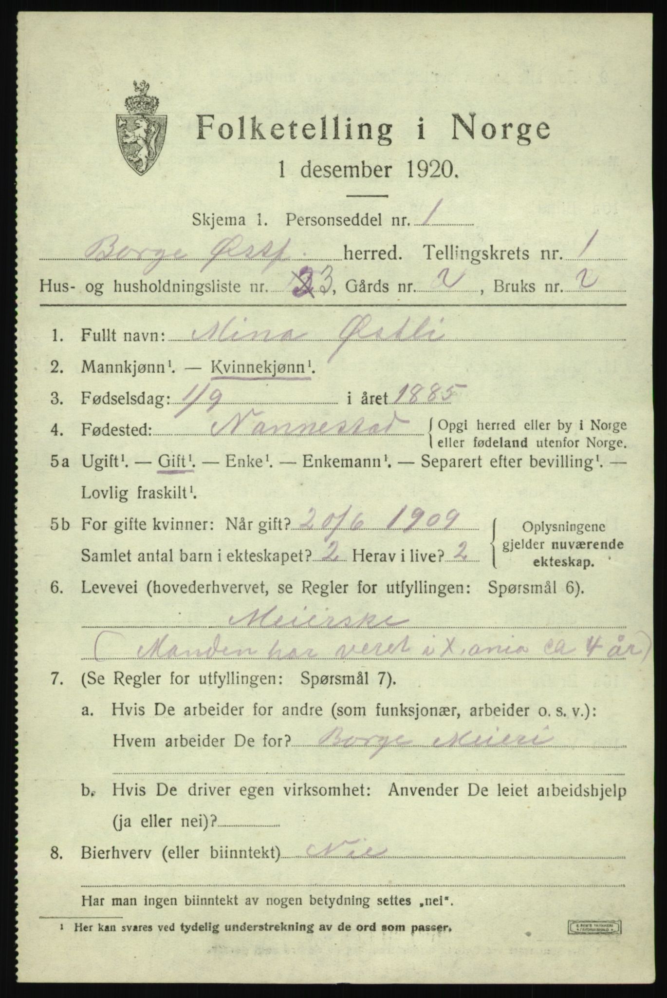 SAO, 1920 census for Borge, 1920, p. 1895