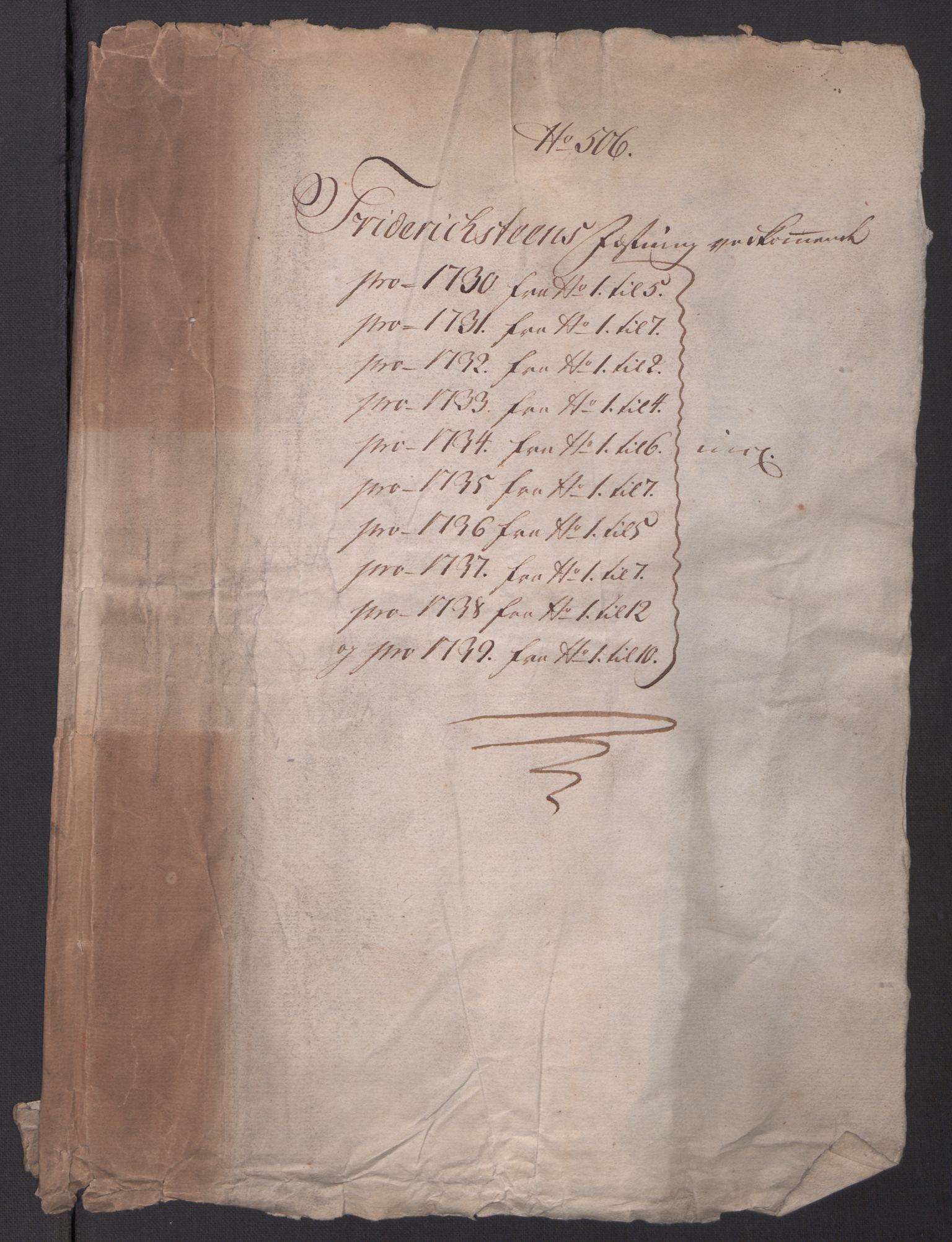 Kommanderende general (KG I) med Det norske krigsdirektorium, RA/EA-5419/D/L0154: Fredriksten festning: Brev, inventarfortegnelser og regnskapsekstrakter, 1730-1739, p. 1